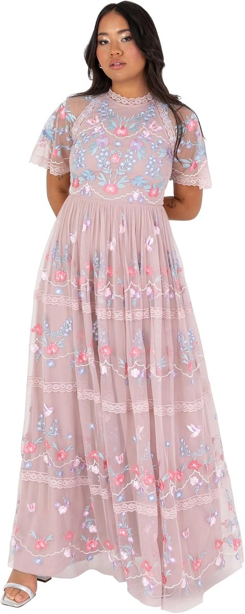 Deluxe Maxi-jurk voor dames, korte mouwen, ronde hals, bloemenborduurwerk, tule, kanten trim, A-lijn, bruiloft, gast, gala, baljurk, frosted pink, 42