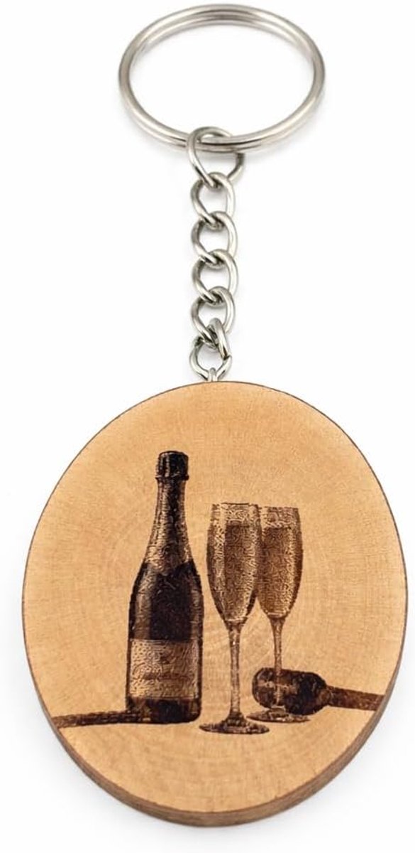 Champagneflessen, houten sleutelhanger, lasergegraveerde sleutelring, cadeau-idee voor bruiloften, verjaardagen en speciale gelegenheden