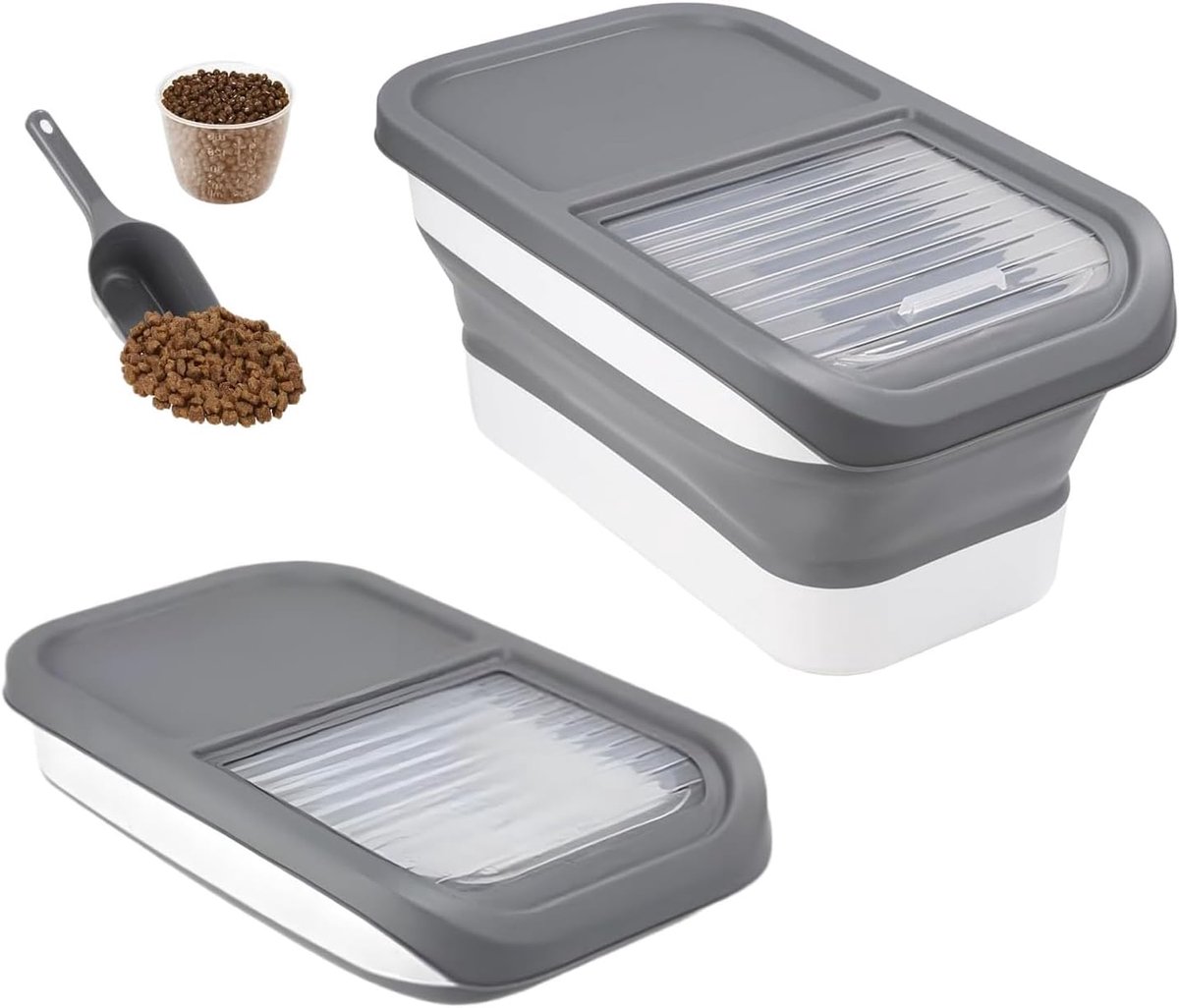 Droogvoerbak voor honden/katten, 5 kg, opvouwbare opbergdoos met lepel en maatbeker, grijs, luchtdichte emmer voor diervoer en lekkernijen