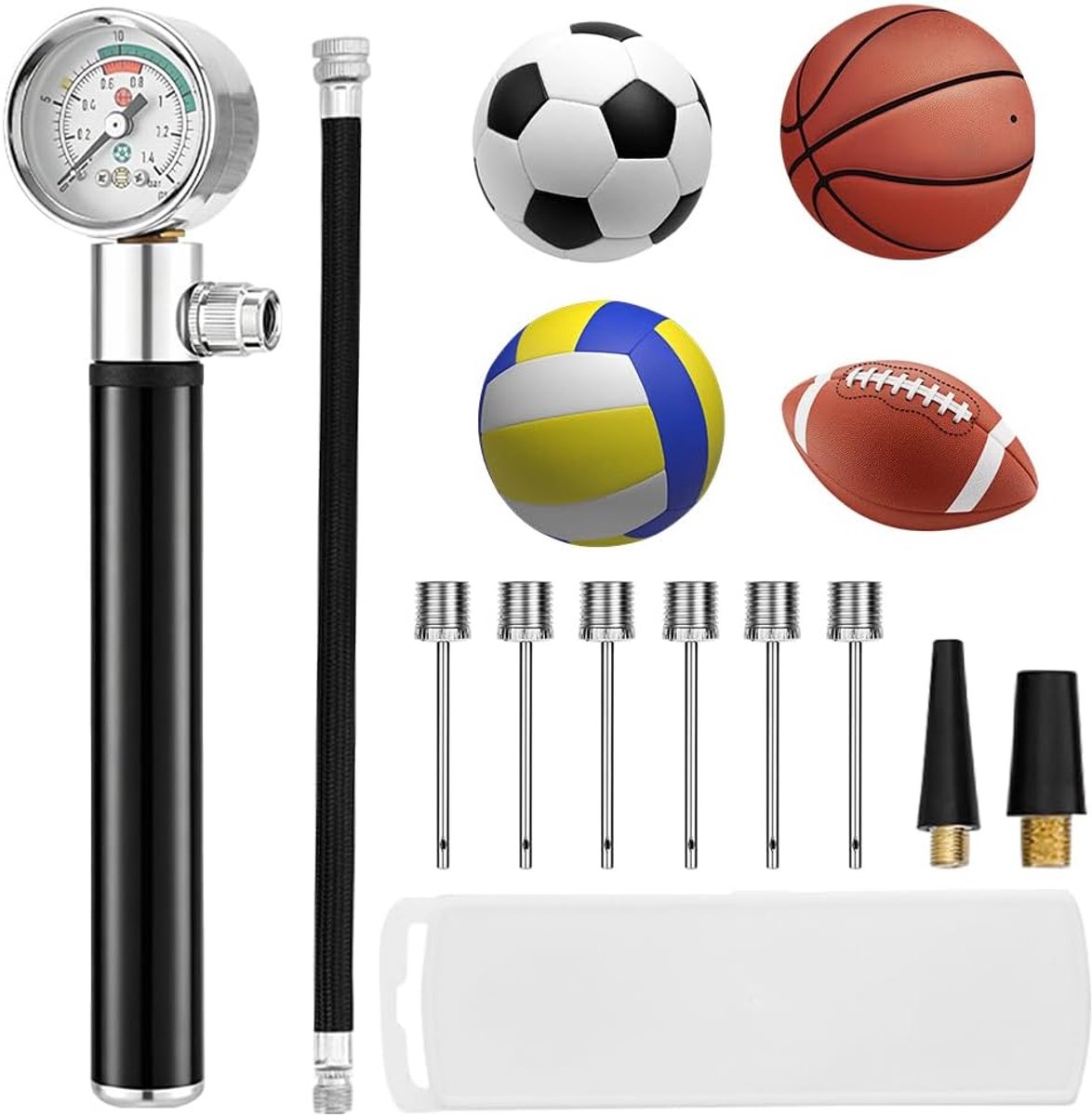 Balpomp met manometer, draagbare luchtpomp met 10 balnaalden, 2 sproeiers en 1 slang, mini-handpomp met opblaas- en afpompfunctie voor elke sportbal, gymnastiekbal, voetbal, basketbal
