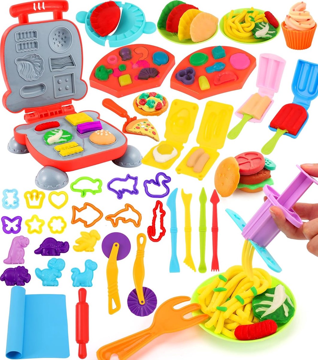 Boetseerklei voor kinderen: 48-delige accessoires boetseerklei bevatten hamburger, noedels, dinosaurus, ijs, pizza, boetseerklei, cadeau voor meisjes en jongens