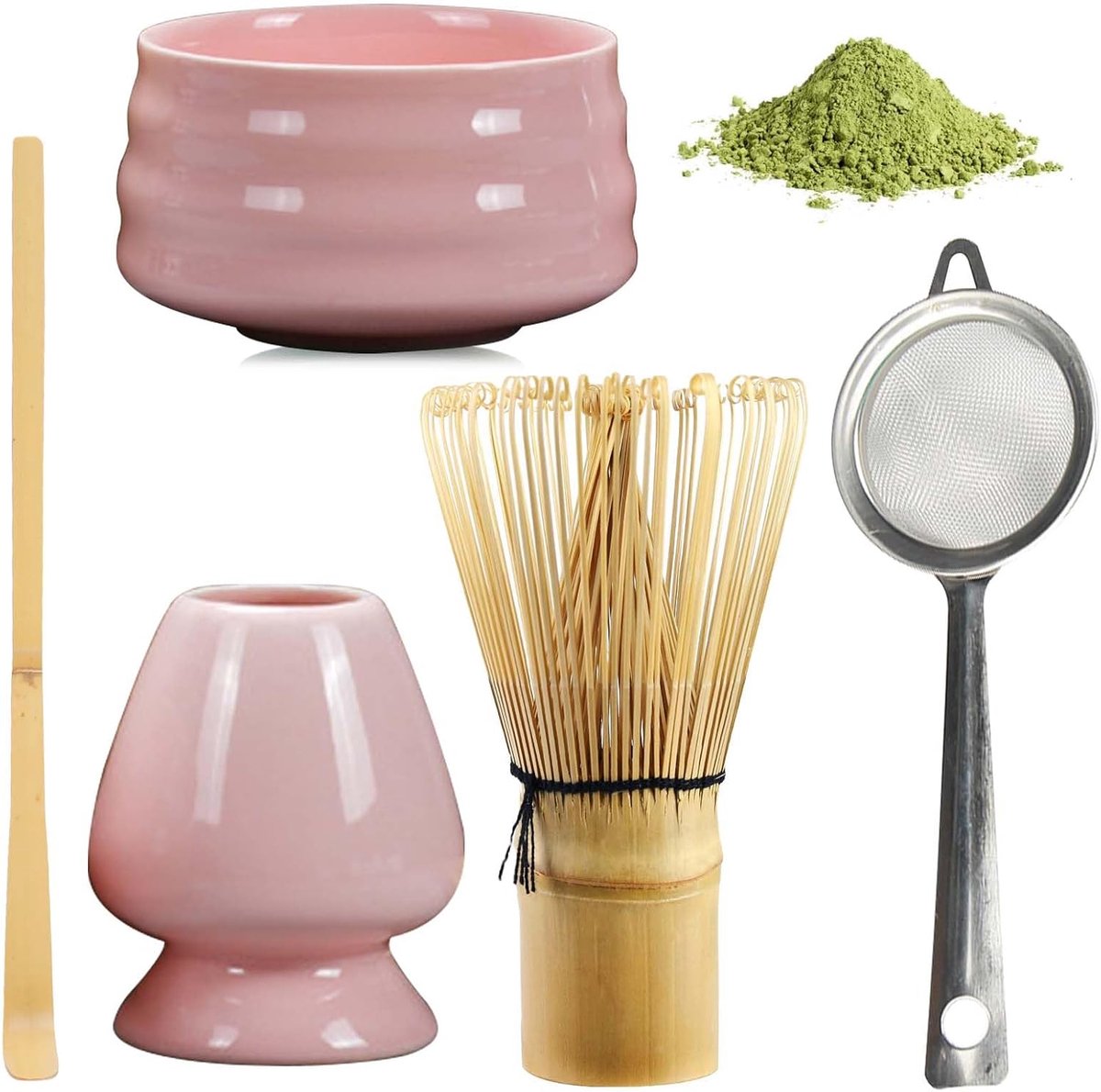 Matcha Theeset, 5-delige matcha-set, Japanse theeset, matcha garde set van keramiek, matcha-schaal, gardehouder, zeef, Japanse accessoires voor matcha-ceremonie (roze)