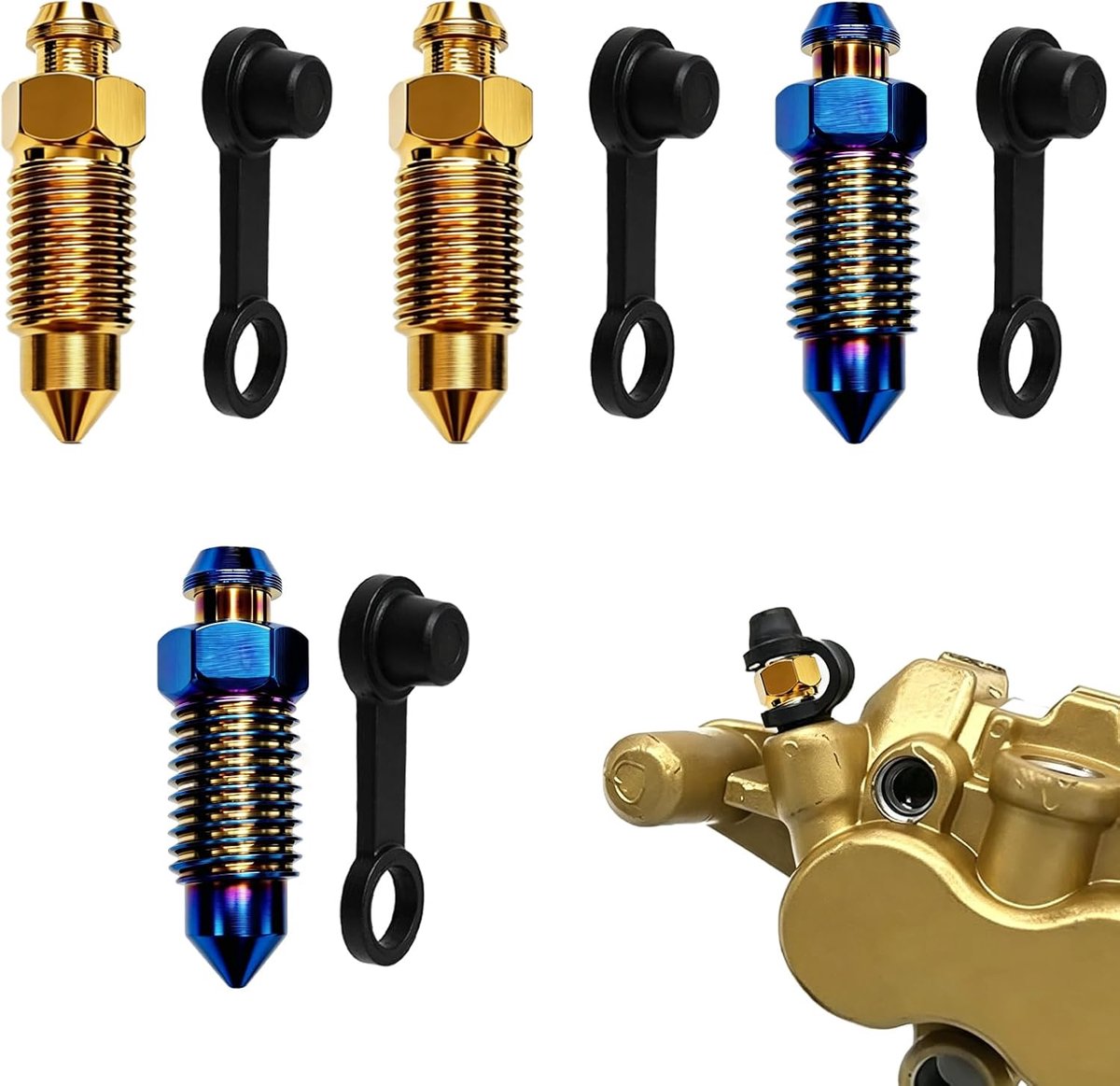 Set 4 stuks M10 x 1 mm met stofkap, 2 kleuren verbrand titanium en verbrand blauw, voor remklauw en hoofdremcilinder, reserve voor remonderhoud