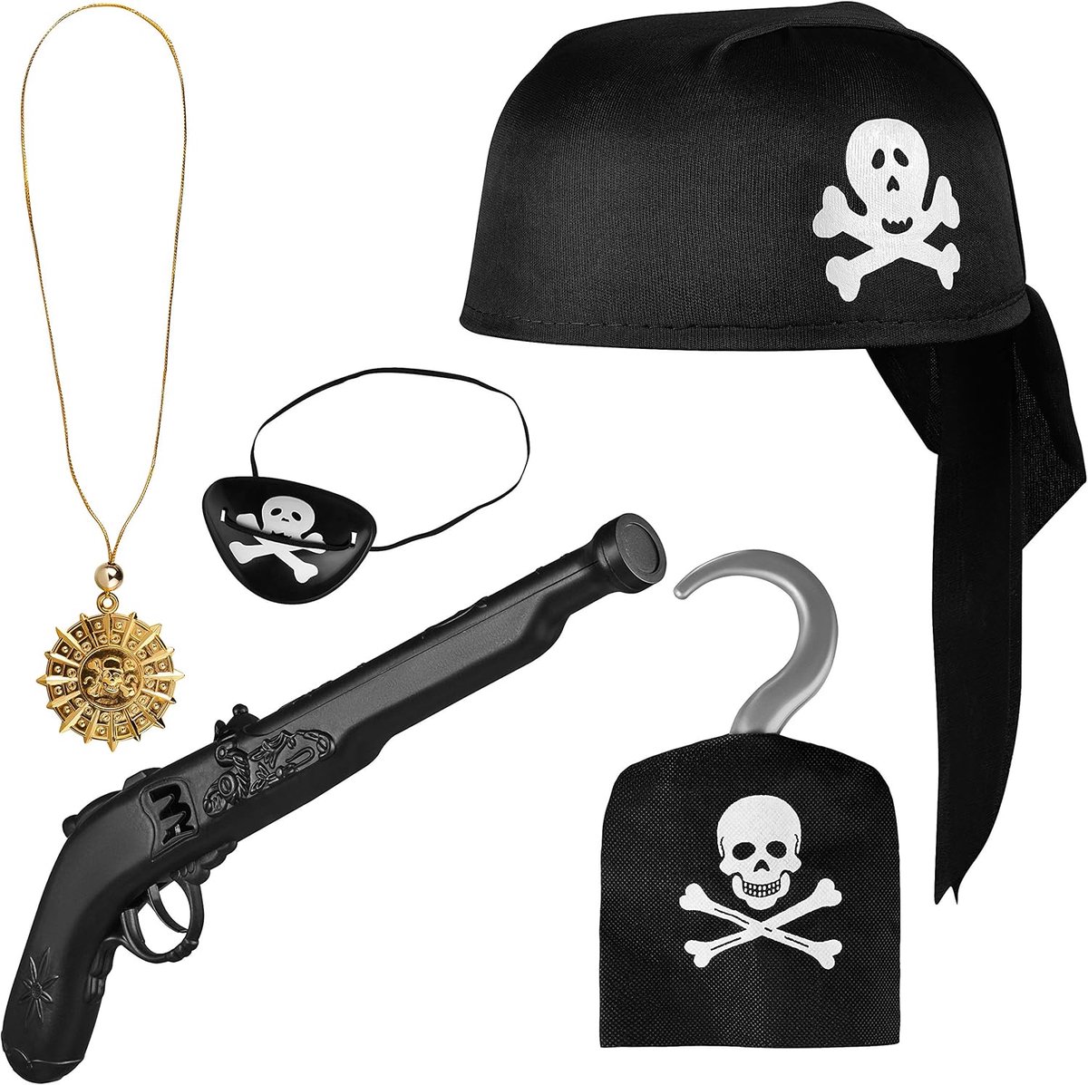 5-delig voor kinderen bestaande uit Zwarte piratenhoed + Pistool + Ooglapje + Gouden ketting met hanger + Piratenhaak - Kostuumset voor carnaval/carnaval