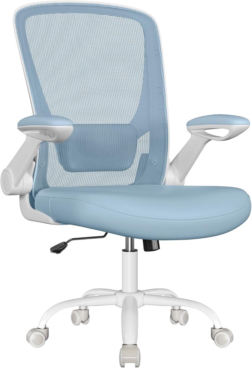 Ergonomische Canvas Bureaustoel, Fauteuil, Gewatteerde Lendensteun, Schommelmechanisme, 53 cm Brede Zitting, Inklapbare Armleuningen, Misty Blauw OBN037Q01