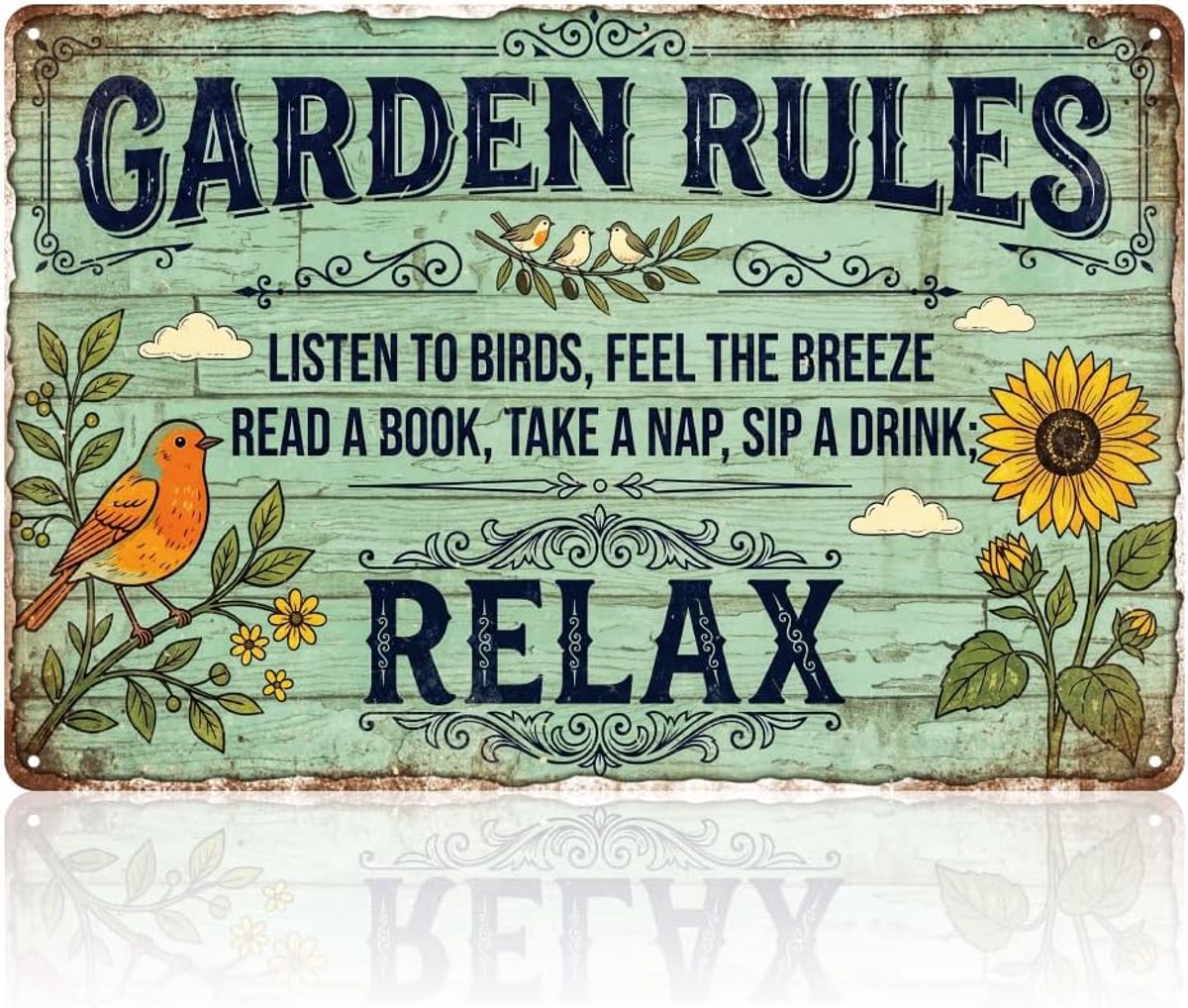 Tuin Regels antiek metalen bord, 20 x 30 cm, grappige tuinplanten, retro, muurkunst, poster, decoratie, unieke tuinwerk, geschenken voor buiten, thuis, terras, veranda, kas, buiten