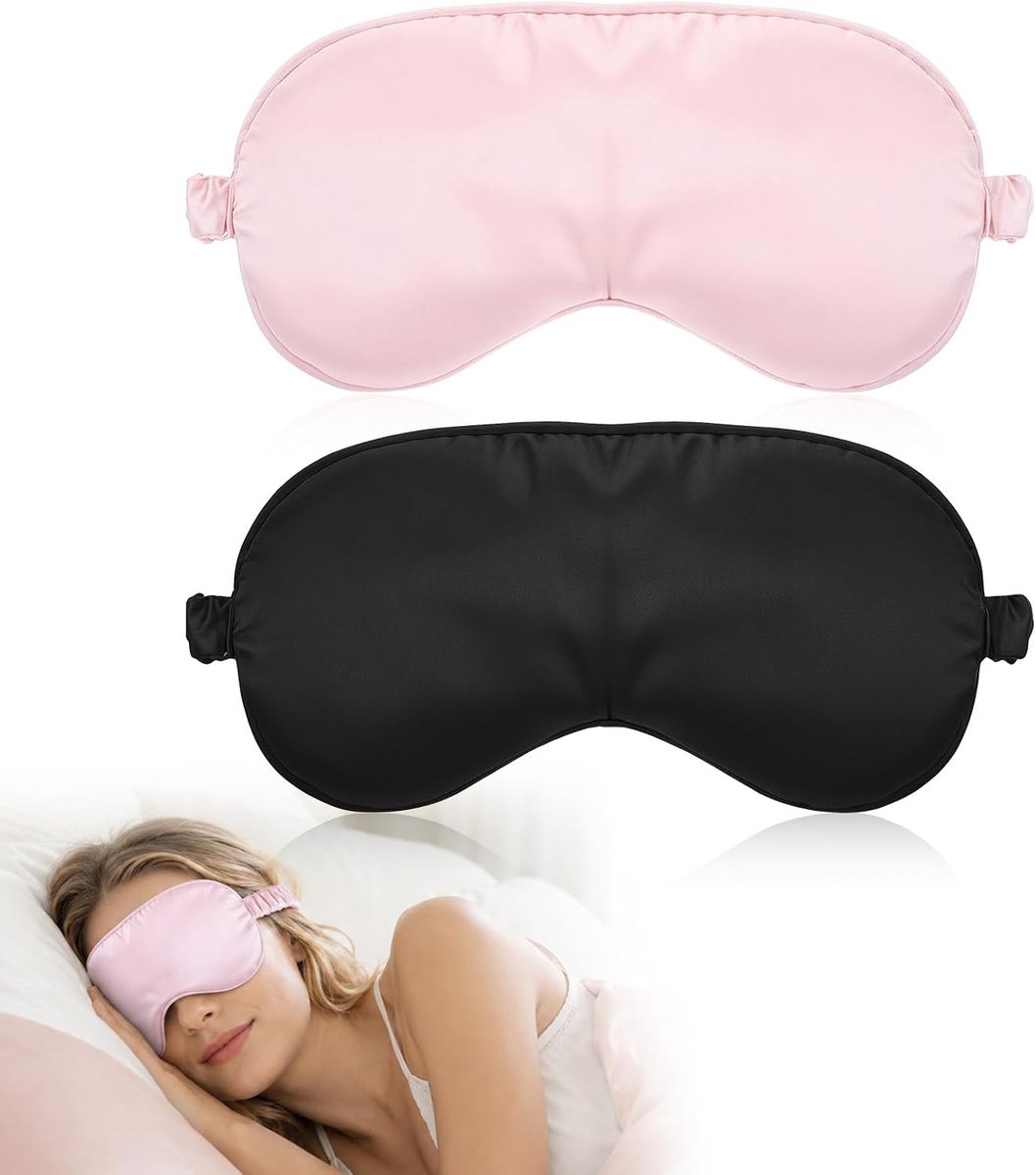 2 stuks oogmaskers, zijden oogband, slapen voor vrouwen en mannen, verstelbare elastische band, lichtblokkerend (zwart + roze)