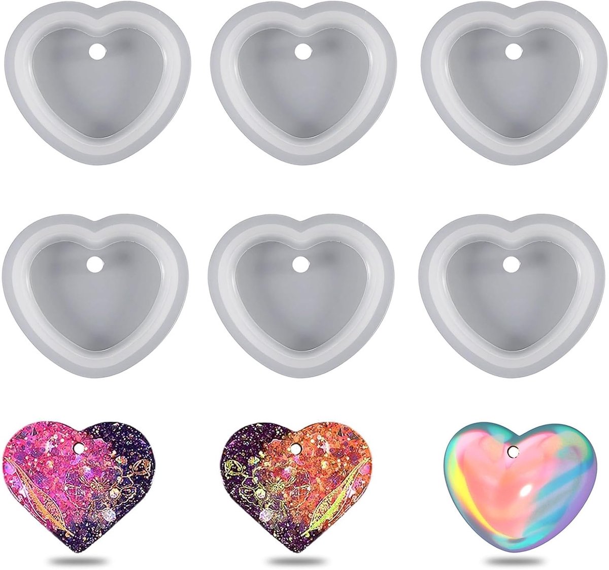 siliconen, 6 stuks, liefde hart epoxyhars vormen, sieraden, hangers, oorbellen, 4,7 x