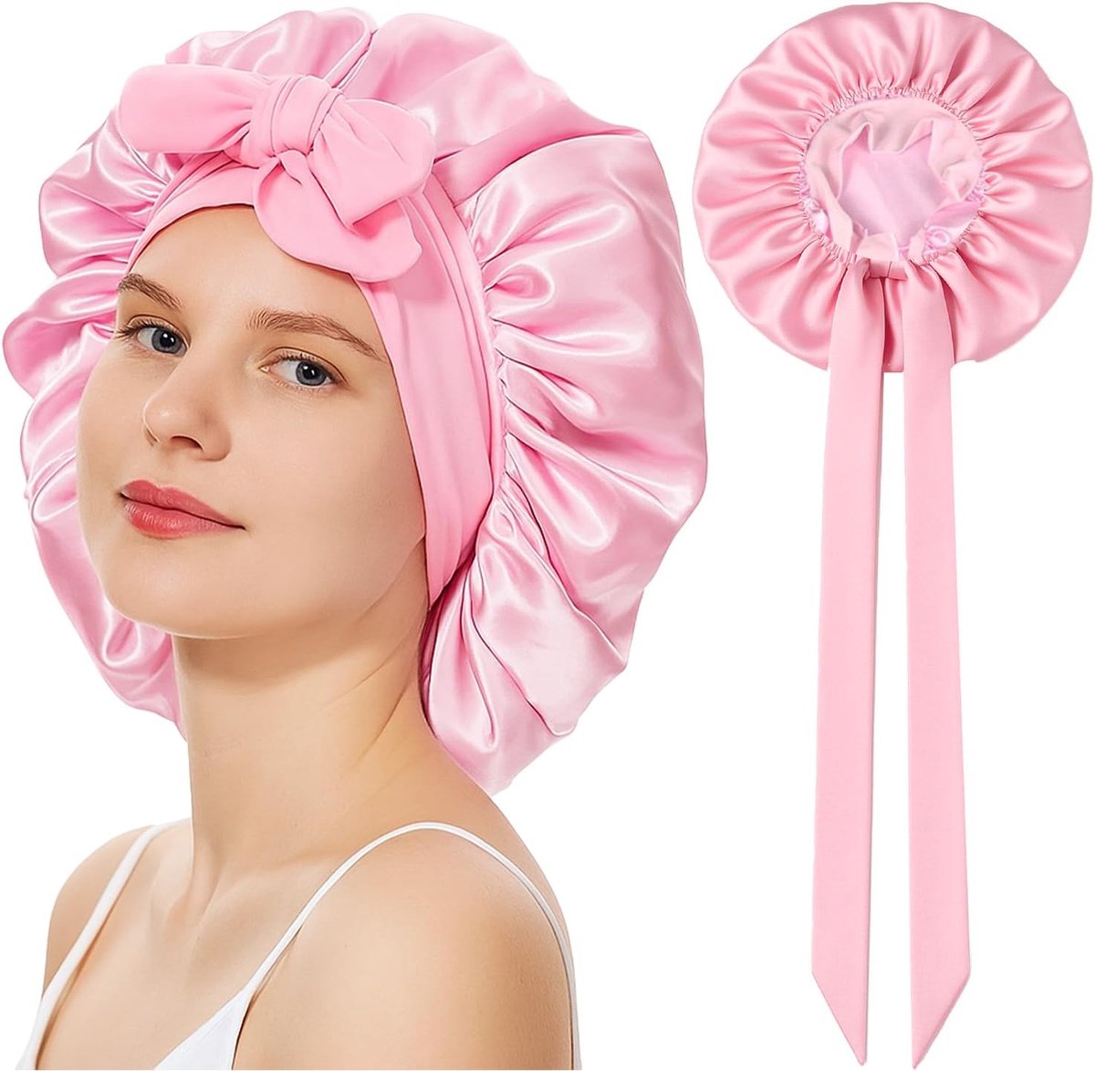 Zijdekap om te slapen, moerbeizijde, luxe zijden bonnet slaapcap met verstelbare band, satijnen haarkap voor krullen, glad haar, ademende nachtmuts (roze)