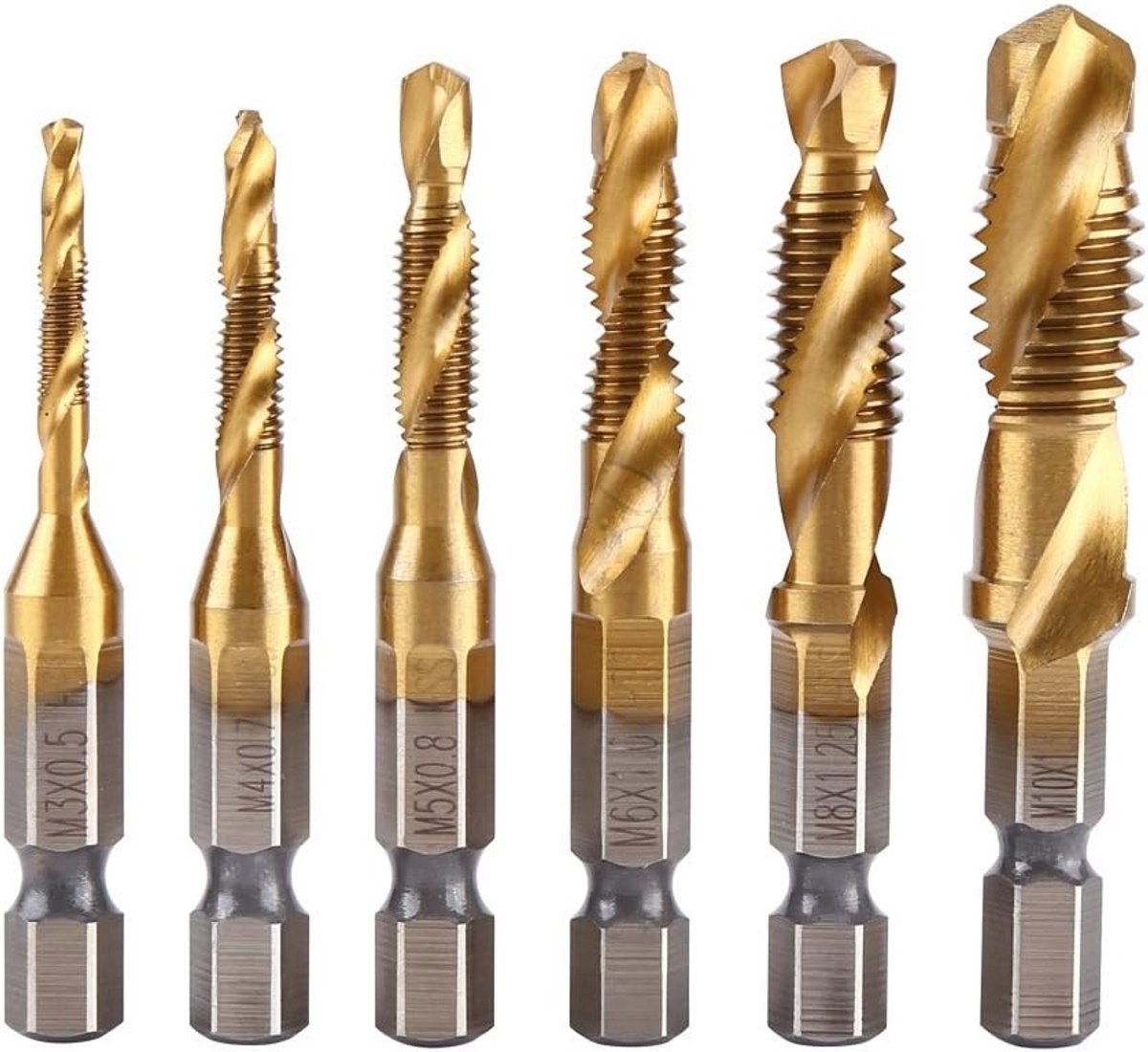 Tap Bit Set - 6 Stuks Metrische Schroefdraad M3-M10 Titanium Gecoate Boor en Schroefdraadboor 1/4 Inch Zeskantschacht