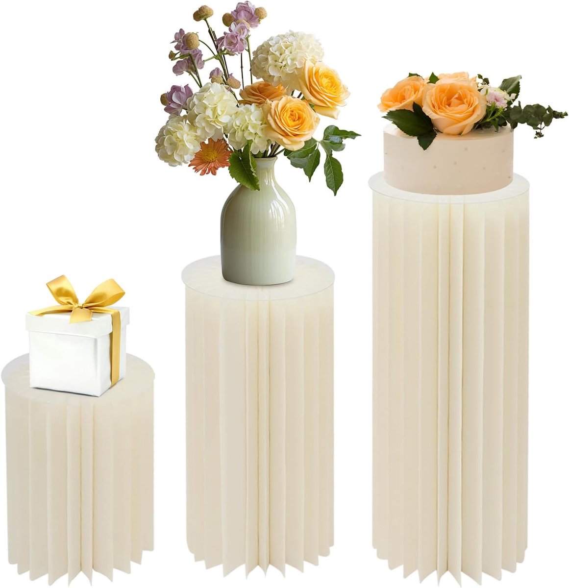 Set van 3 kartonnen bloemenstandaard crèmewit, 40/60/80 cm - opvouwbare bloemenzuilen van karton met pvc-platen, draagbaar, voor bruiloftsdecoratie, feest, verjaardag, incl. 3 pvc-afdekplaten