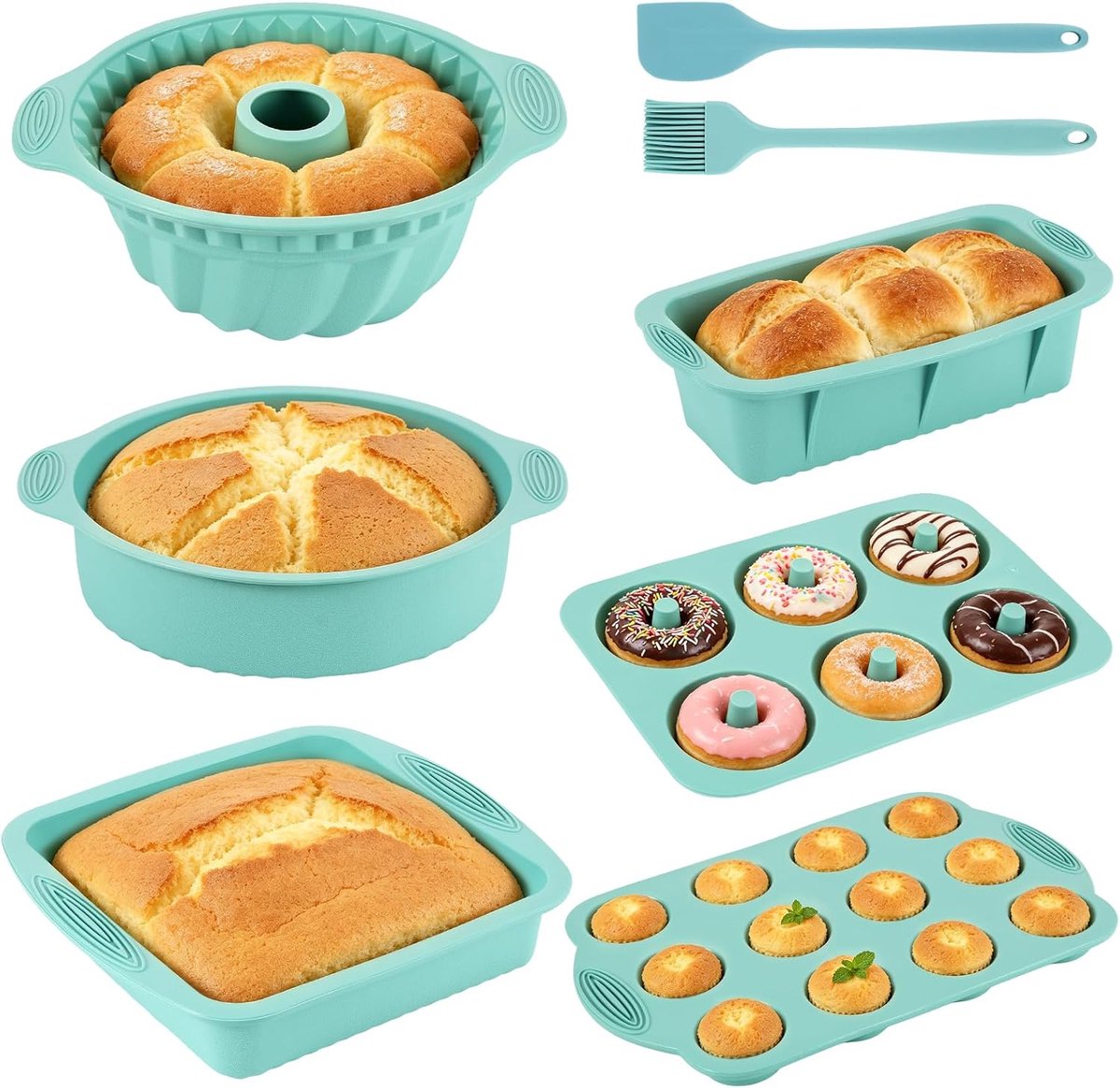 Siliconen bakvormen, 8 stuks, anti-aanbaklaag, broodbakvorm, muffinvorm, springvorm met bakborstel, siliconen spatel voor muffin, pizza, cheesecake, bakken, brood, toast, cake, koekjes