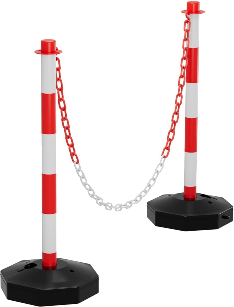 2 stuks afsluitpalen, kettingpalen om te vullen met zand en water, 1,4 m kunststof kettingen rood wit, vergrendelingskettingen, geschikt voor parkeerplaats, oprit, straatentertainment