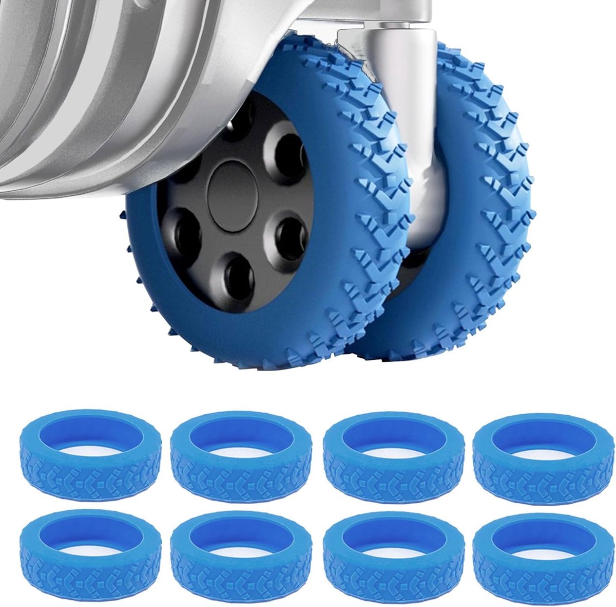Set van 8 siliconen wielbeschermhoezen voor bagage, kofferwielbescherming, dempend, antislip, waterdicht, voor bureaustoelen en de meeste 8-spinner-wielen, zwart, blauw, Blauw, mode