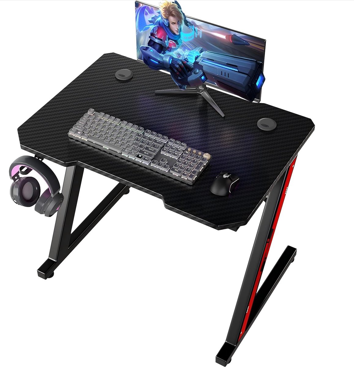 Gaming tafel, 80 x 52 cm, gaming-bureau met Z-frame, bekerhouder, hoofdtelefoonhaak, computertafel, pc-tafel, ergonomische gametafel