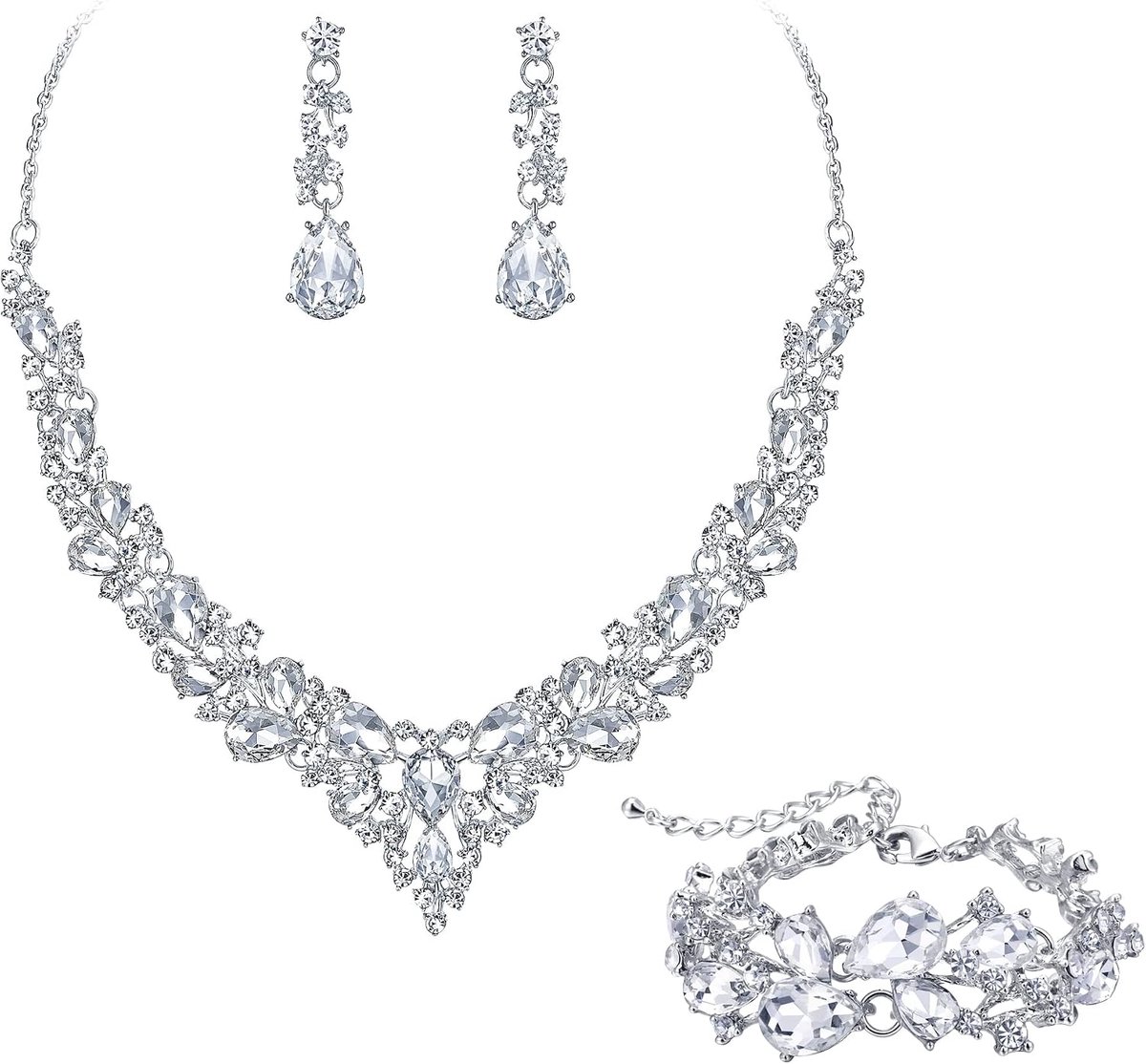 Statement halsketting oorbellen en armband set voor dames Oostenrijkse kristallen druppel cluster sieradenset helder zilverkleurig
