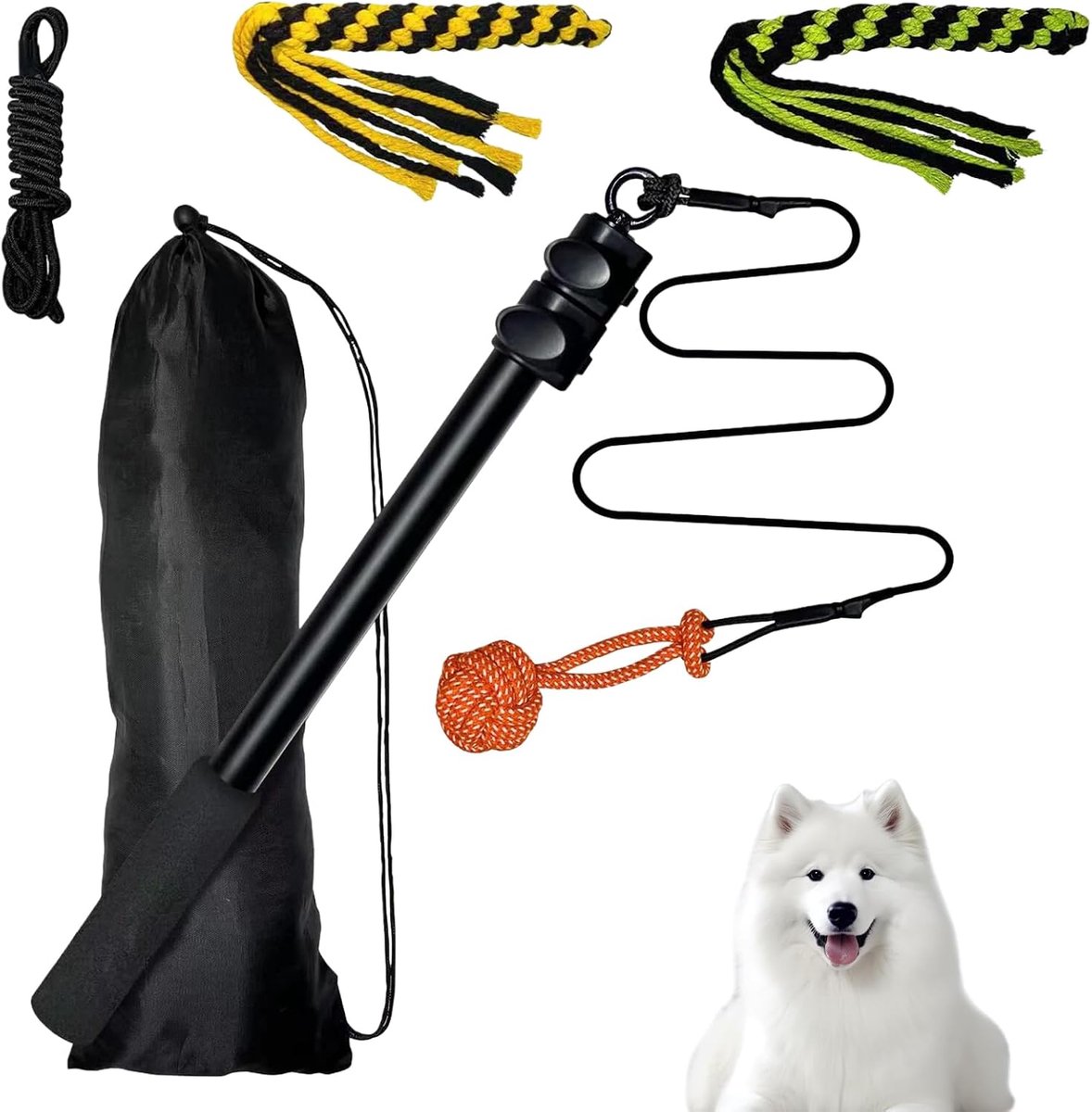 Prikkelhengel voor honden, 150 cm, voor grote honden, professionele prikkelhengel voor kleine honden, uittrekbaar met twee bijttouwen en een bal voor outdoor-training, katoen + aluminiumlegering