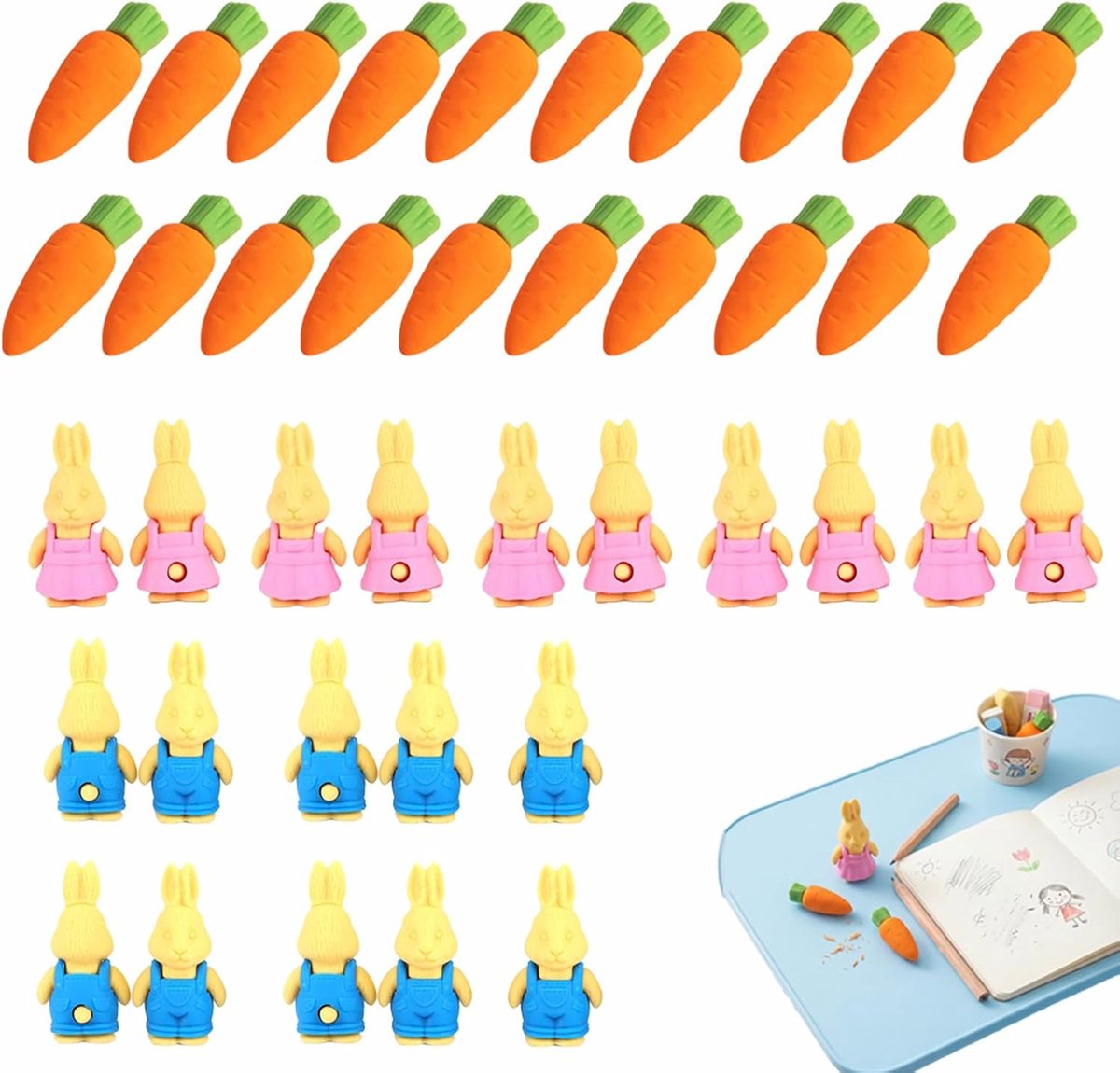 Carrot & Rabbit Gumset – 20 Kleurrijke en Duurzame Erasers in Vrolijke Designs – Perfect als Kantoorbenodigdheden, Schoolmateriaal of Cadeau voor Kinderen – 10 Roze Konijnen en 10 Blau