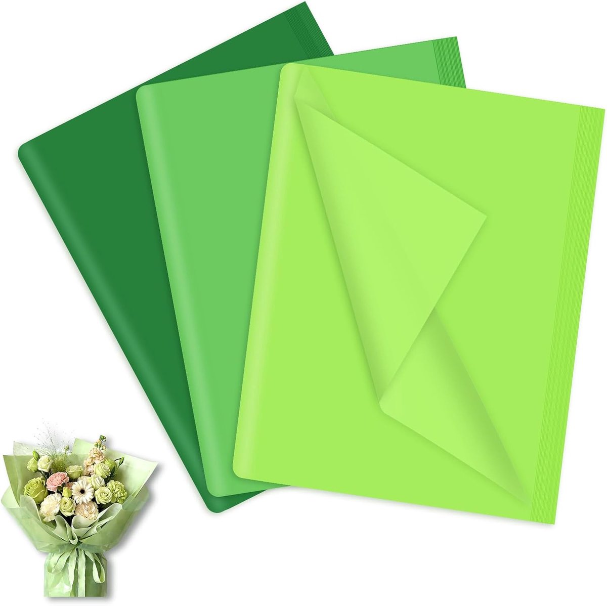 Zijdepapier, wit, 35 x 50 cm, cadeaupapier voor bloemenvullers, verpakkingspapier, zijdepapier voor verjaardag, bruiloftsdecoratie, doe-het-zelf, 50 x 30 cm, groen