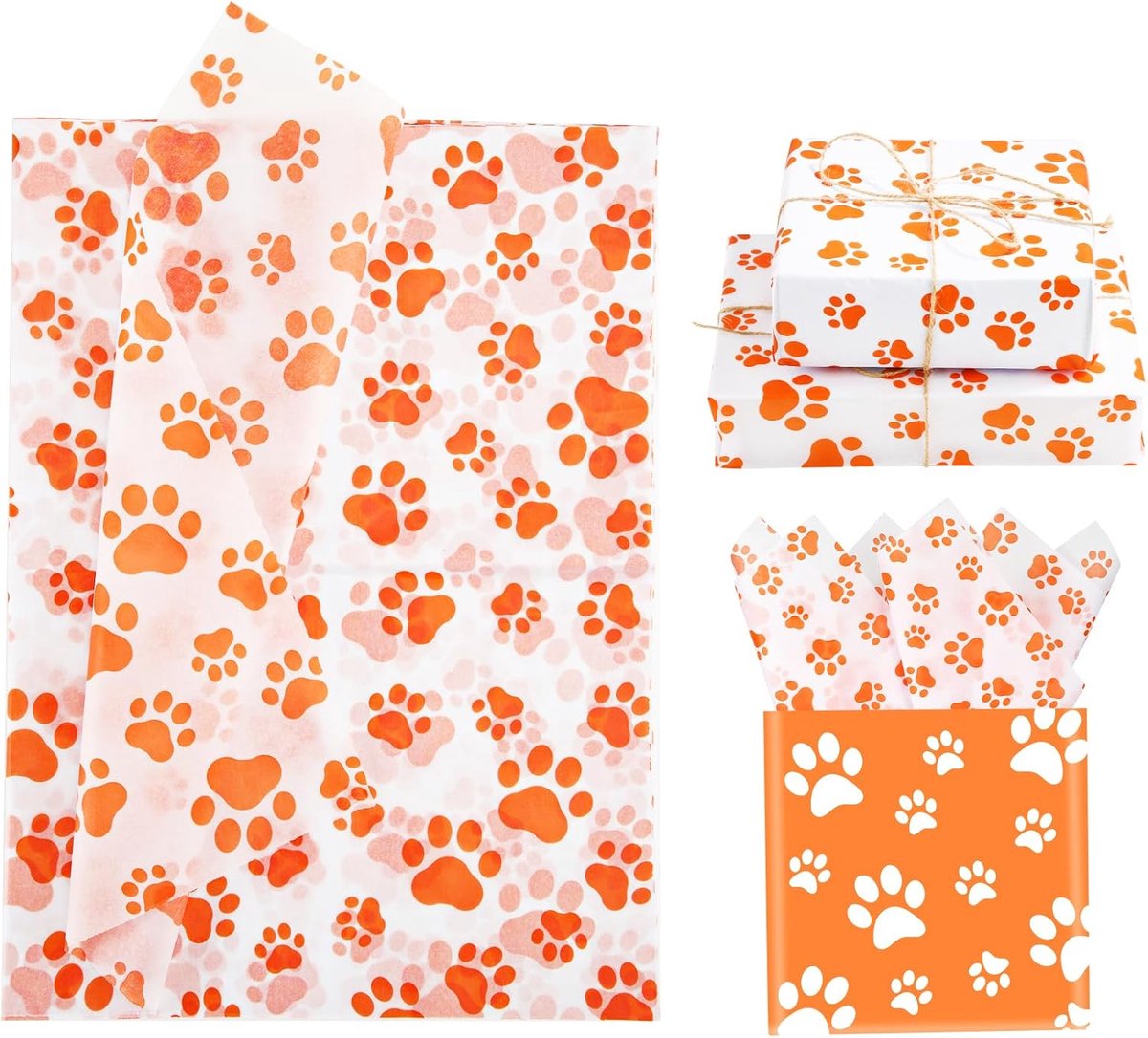Zijdepapier, 35x50cm Hondenpootafdruk Zijdepapier Inpakpapier voor Cadeau Tas Verpakking Kerstmis Bruiloft Verjaardagsfeest Kunst DIY Knutselen Benodigdheden (Oranje)