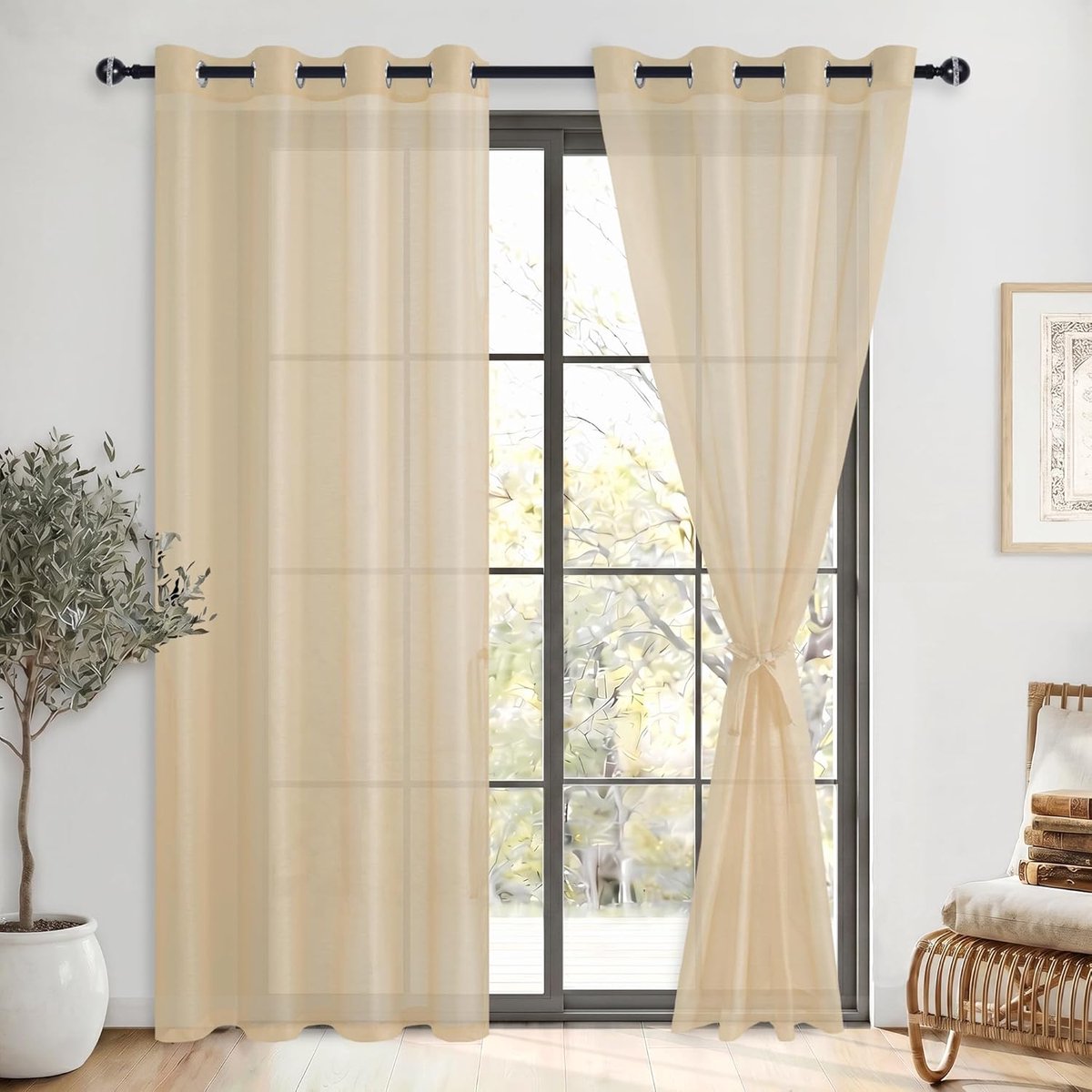 Glasgordijn, voilegordijn met ingestanste ringen, transparante gordijnen voor slaapkamer, kinderkamer, woonkamer, beige, 225 x 140 cm (H x B)