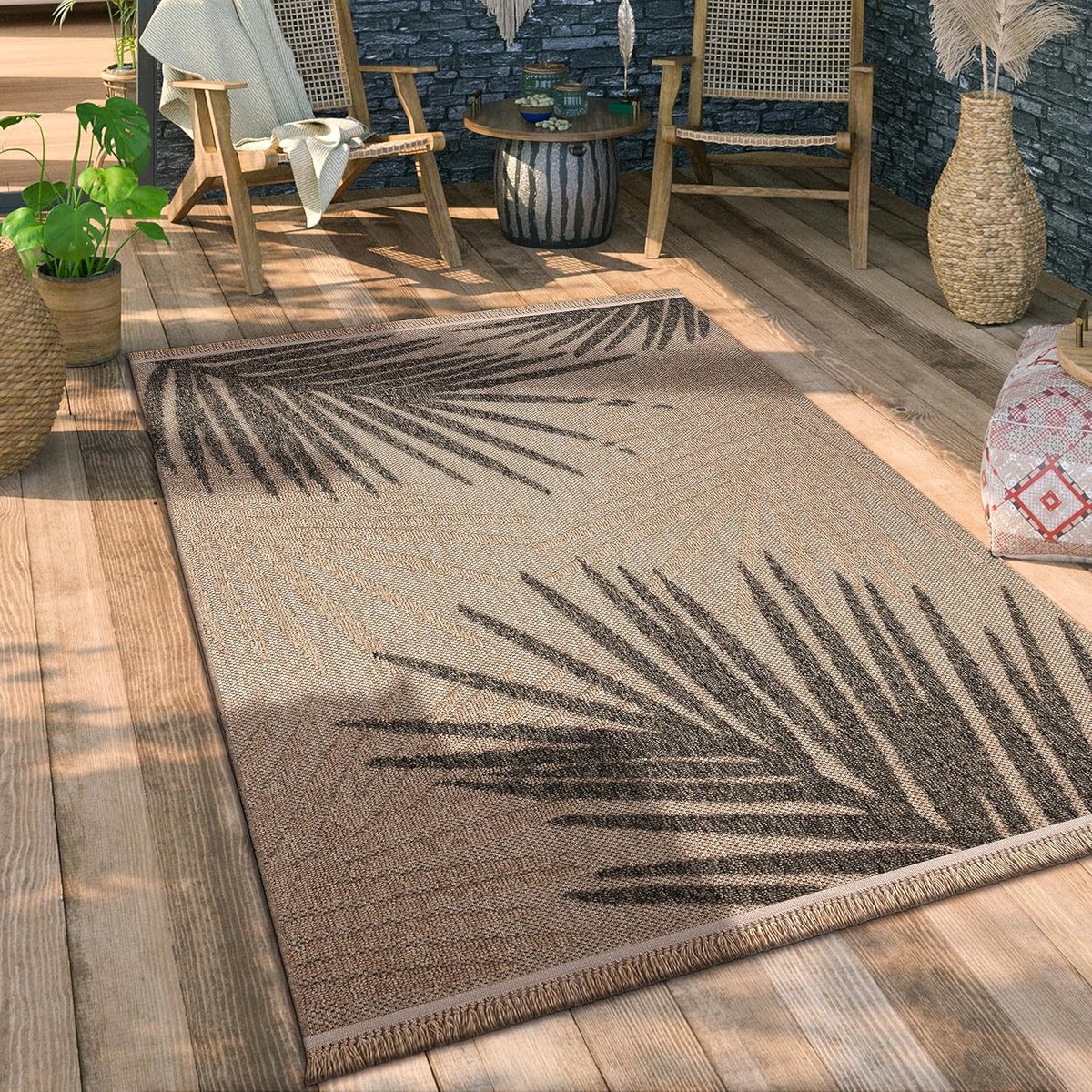 Home Buiten Vloerkleed Tapijt Voor Binnen En Buiten Balkon Terras Keuken Tapijt Boho Patroon Bloemen Geometrisch, Maat:160x220 cm, Kleur:Beige 2