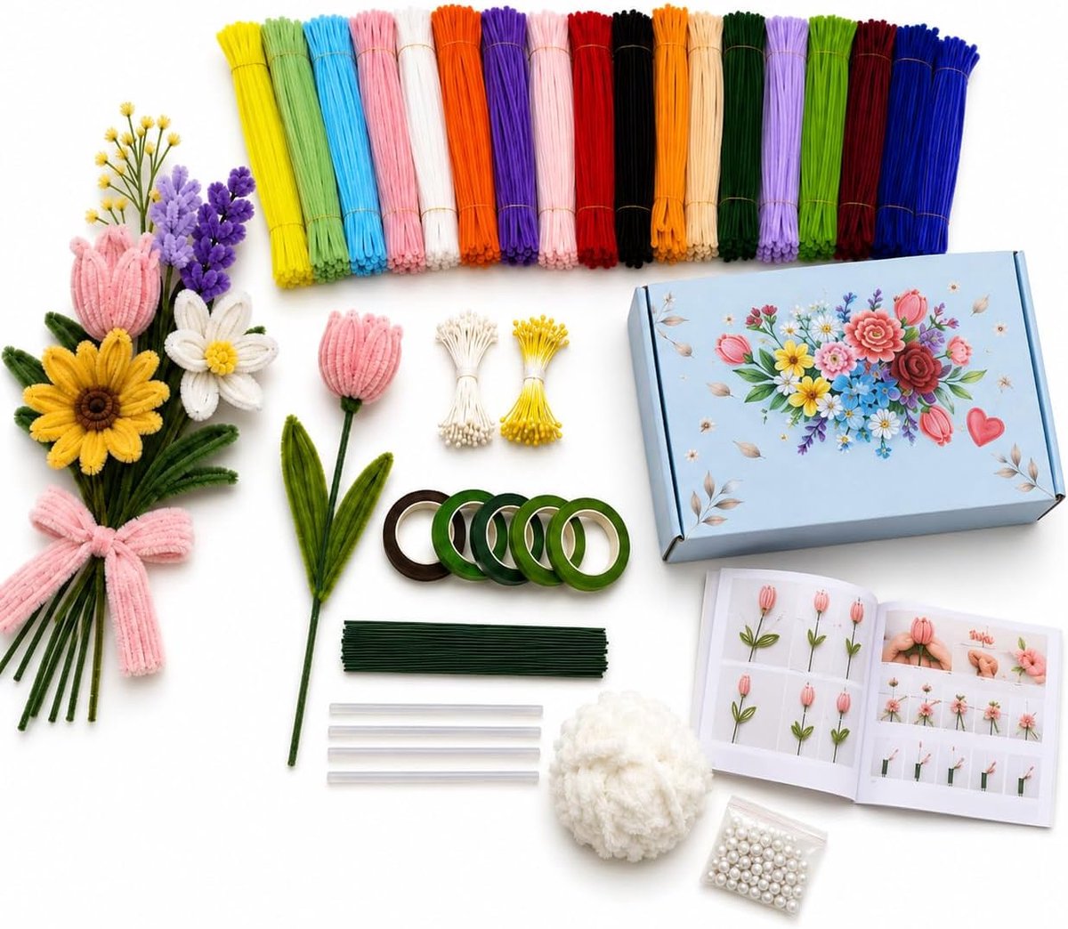 Chenille Bloemen Knutselset 1000-delig, 18 Kleuren | Met pijpenragers, bloemstelen, accessoires en handleiding, voor DIY-boeketten, decoratie en creatieve projecten.