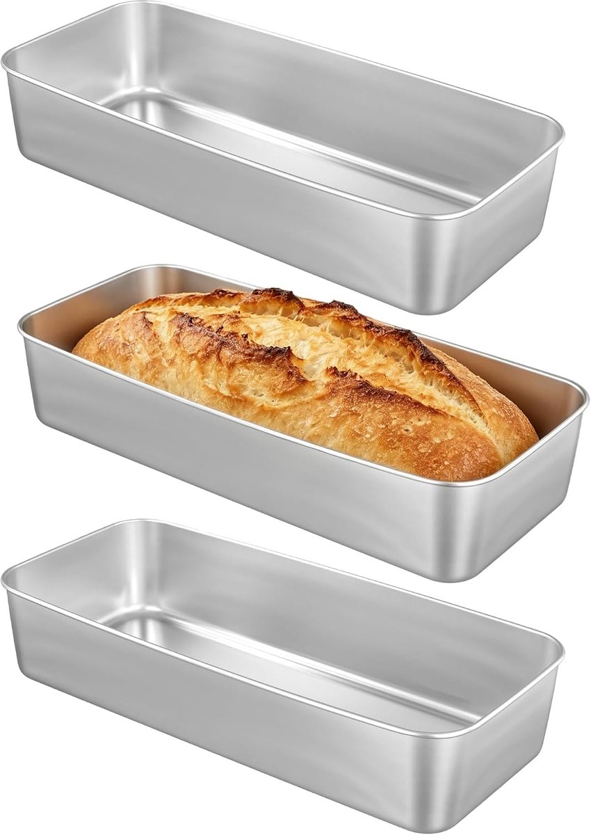 Broodbakvorm van roestvrij staal, 3 stuks, groot, 33 x 15 x 6,5 cm, rechthoekig, broodbakvorm, roestvrij staal, voor cake, tiramisu, brood, toast en lasagne, vaatwasmachinebestendig