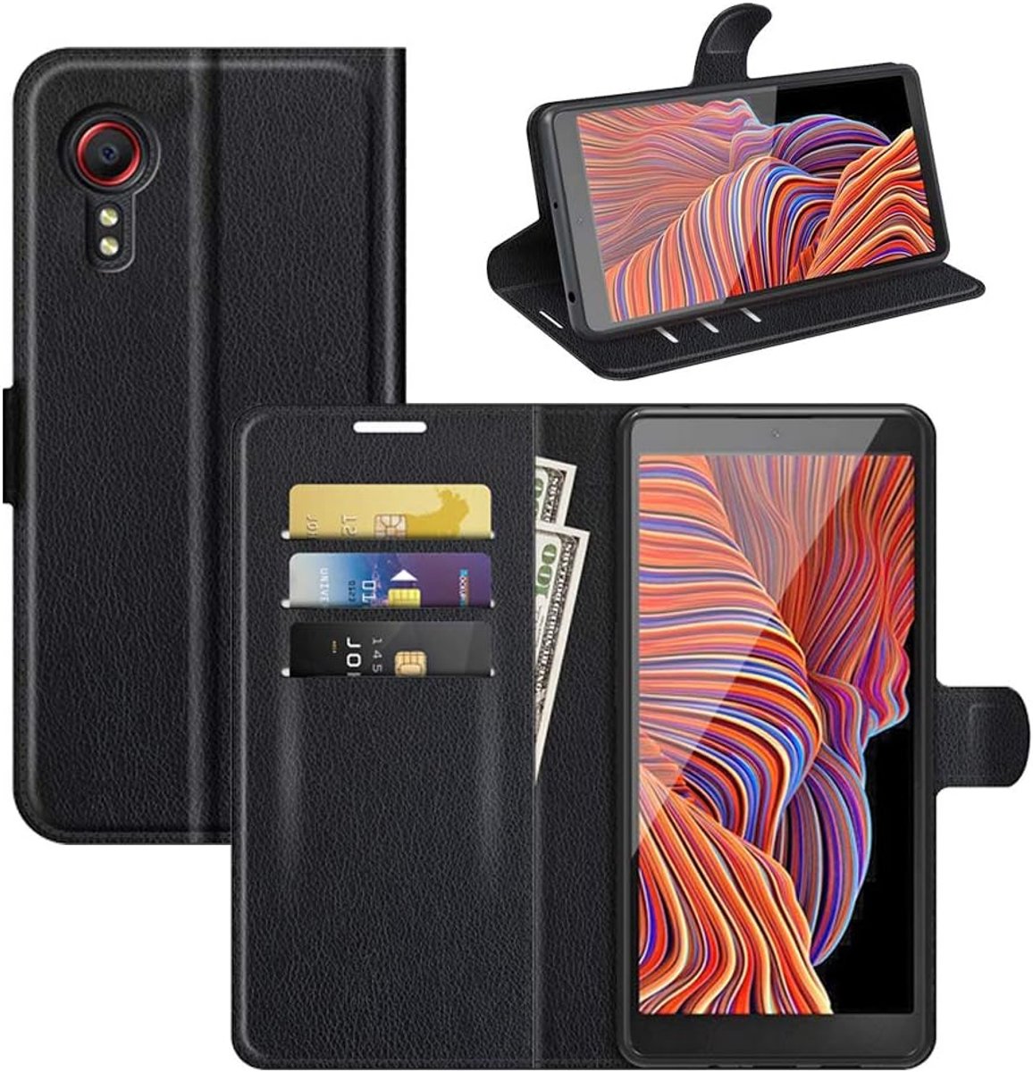 Hoesje voor Samsung Galaxy XCover 5, Lederen Phone Case Flip Cover met Kaarthouder, Staan, Siliconen Bumper en Magnetische Sluiting Holster Etuis Skin voor Samsung Galaxy XCover 5, Zwart
