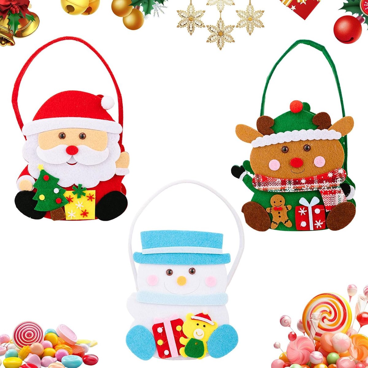 Cadeautasjes voor Kerstmis, kerstdraagtassen met handgrepen, vilten kerstcadeauzakjes, herbruikbaar, voor snoep en kleinere geschenken of kerstboomdecoratie