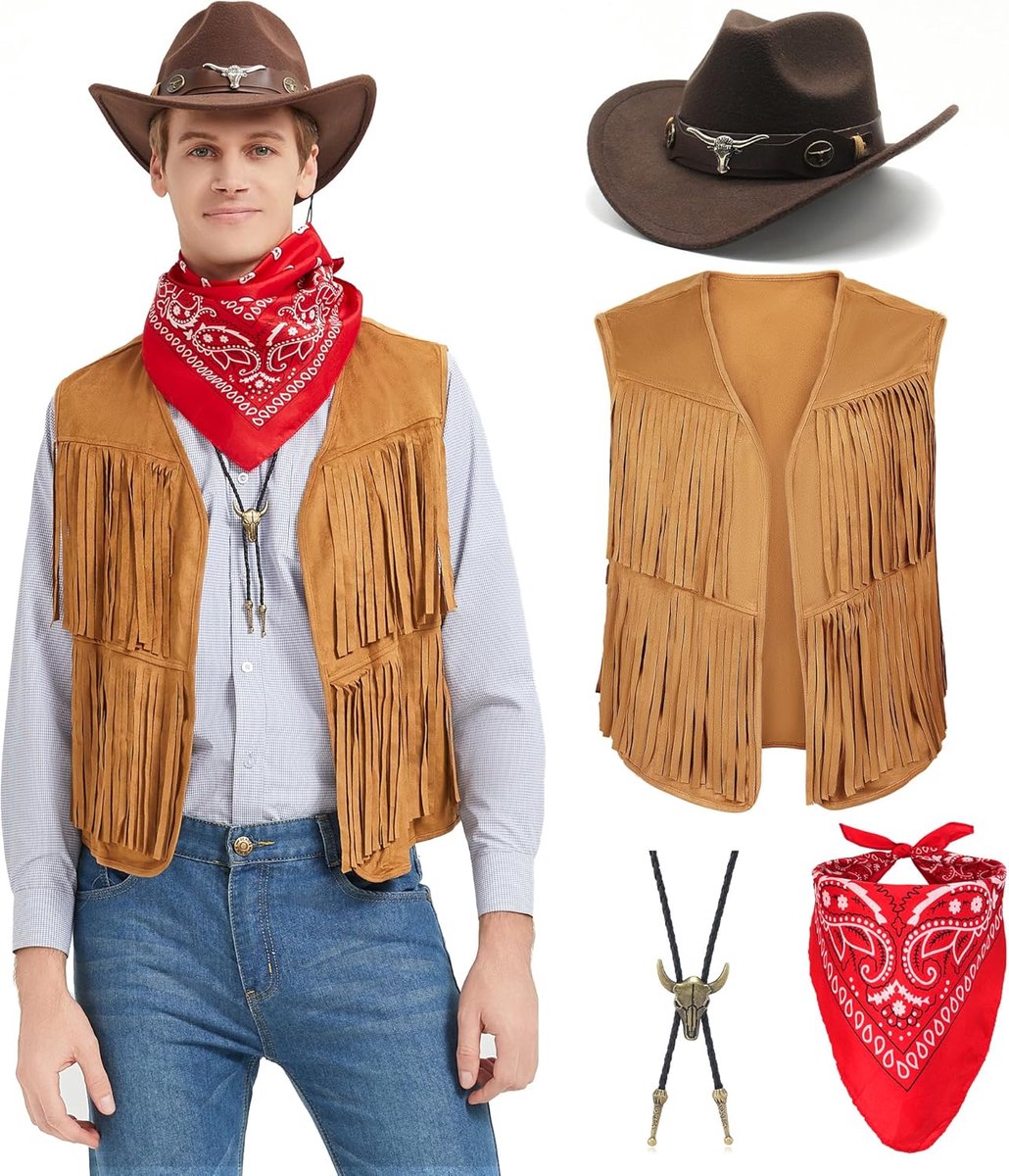 Cowboykostuum voor heren, cosplay met vest, franjes, hoed, bandana, halsketting, vintage, carnaval, hippiekostuum, set voor volwassenen