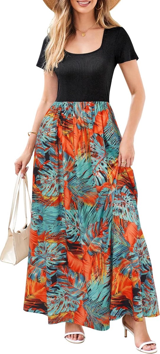 Zomerjurk Dames Lange ZwangerschapsJurk Maxi-jurk Elegante Korte Mouwen Voedingsjurk Zomerjurk met Zakken