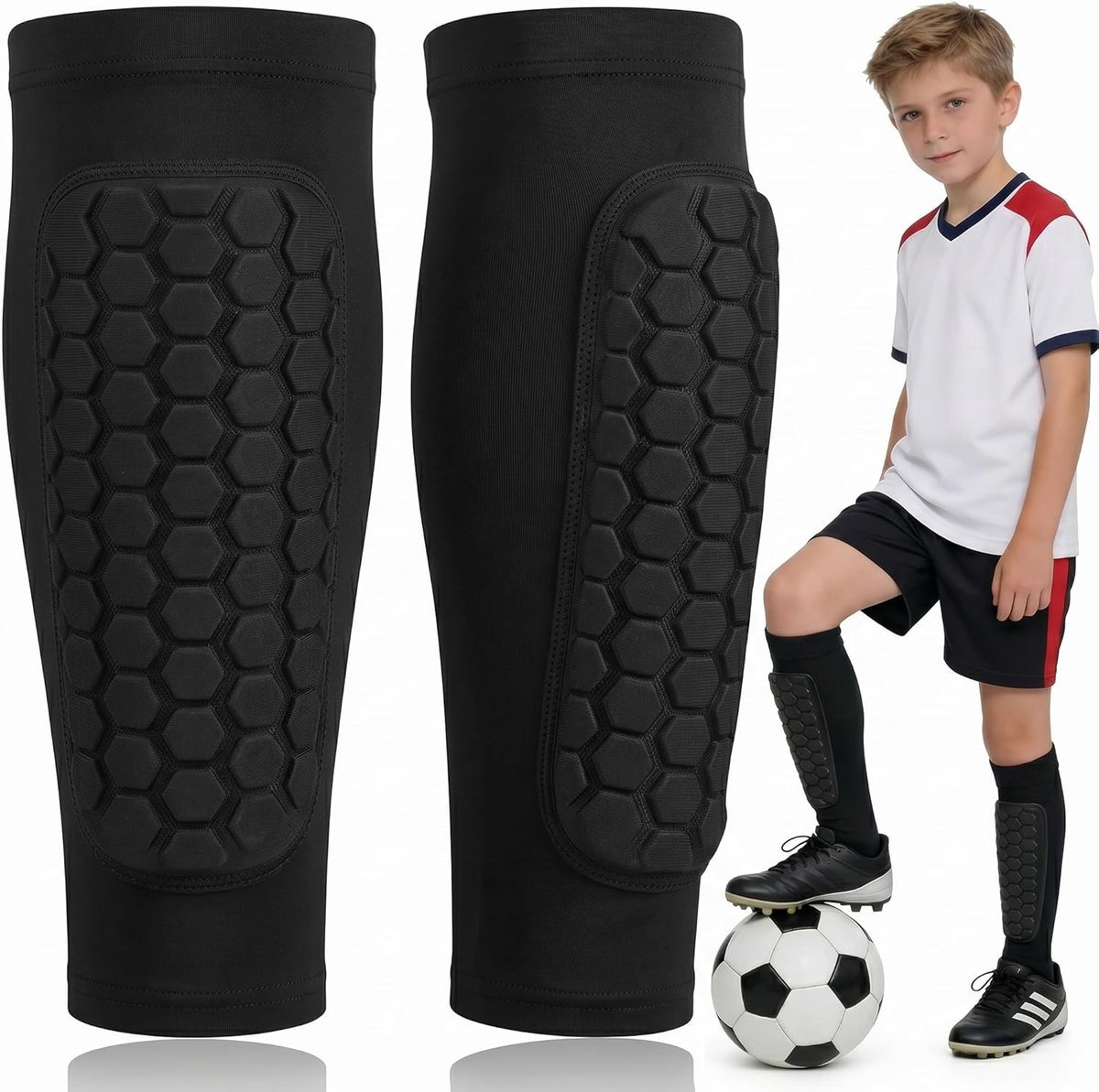 scheenbeschermers voor kinderen, voetbal, multisport, honingraatpatroon, dikte 10 mm, schokbestendig, licht en ademend, ideaal voor voetbal, fietsen en rugby (maat S/zwart)