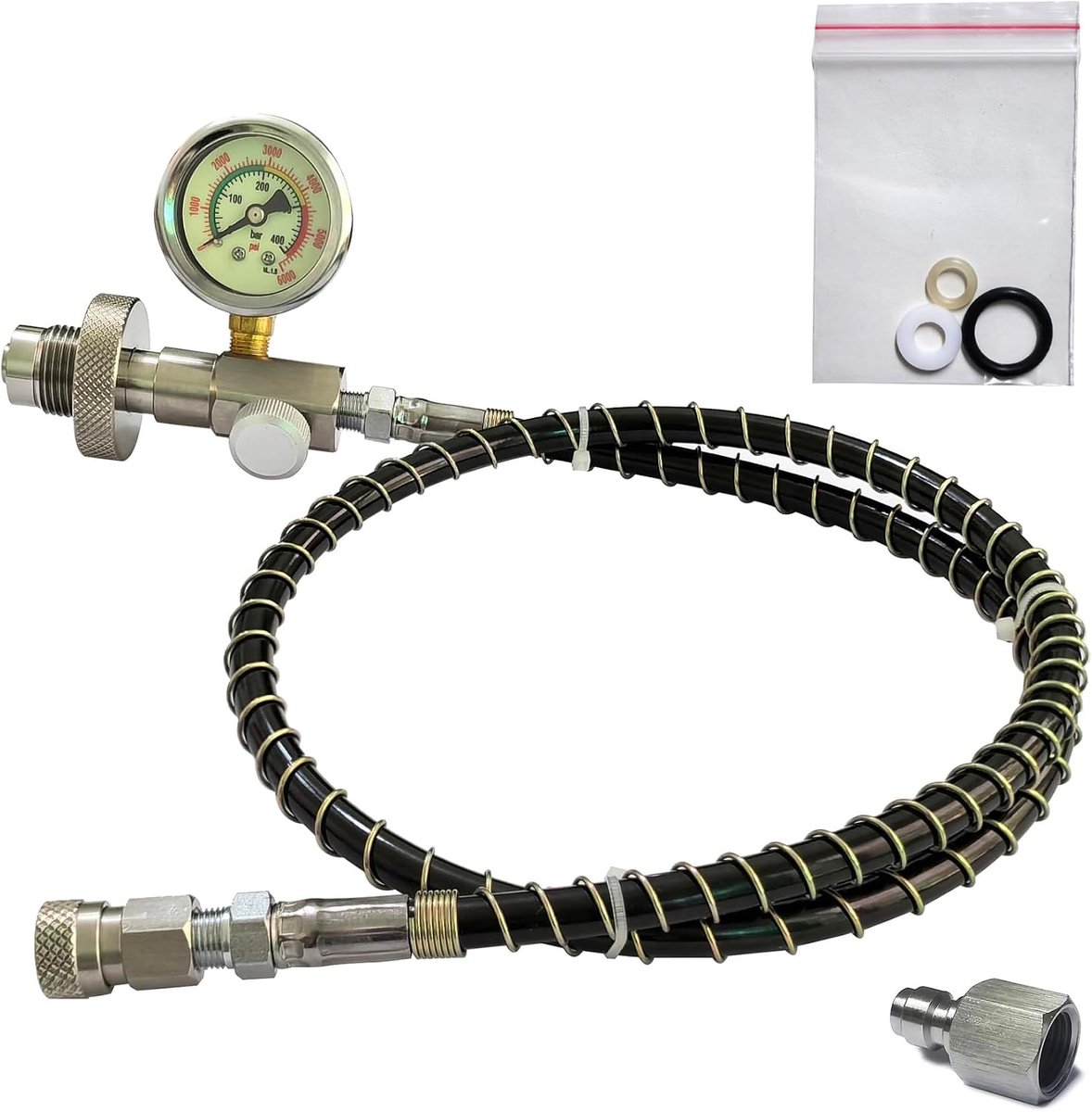 Persluchtcilinderreservoir G5/8 (5/8BSPP) DIN vulstation ventieladapter vulaansluiting HPA duiksport ademapparaat navulstation met 1 meter slang roestvrij staal 310 bar