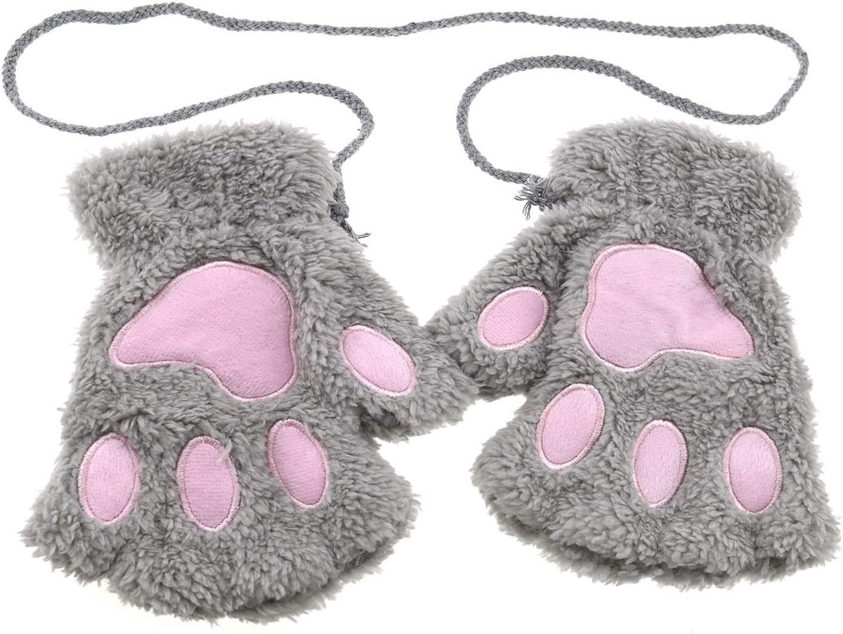 Vrouwen Meisje Kat Klauw Poot Winter Zachte Pluche Half Vingerloze Warme Handschoen Grijs, Grijs, 16 x 20 cm