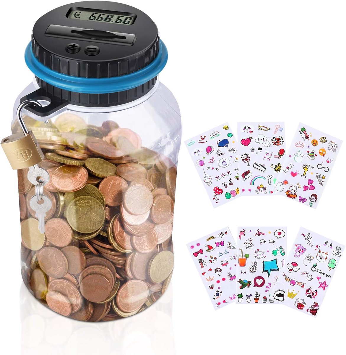Spaarpot voor Kinderen - 1,8 L Grote Spaarvarken Met Slot, Schattige Stickers en Teller