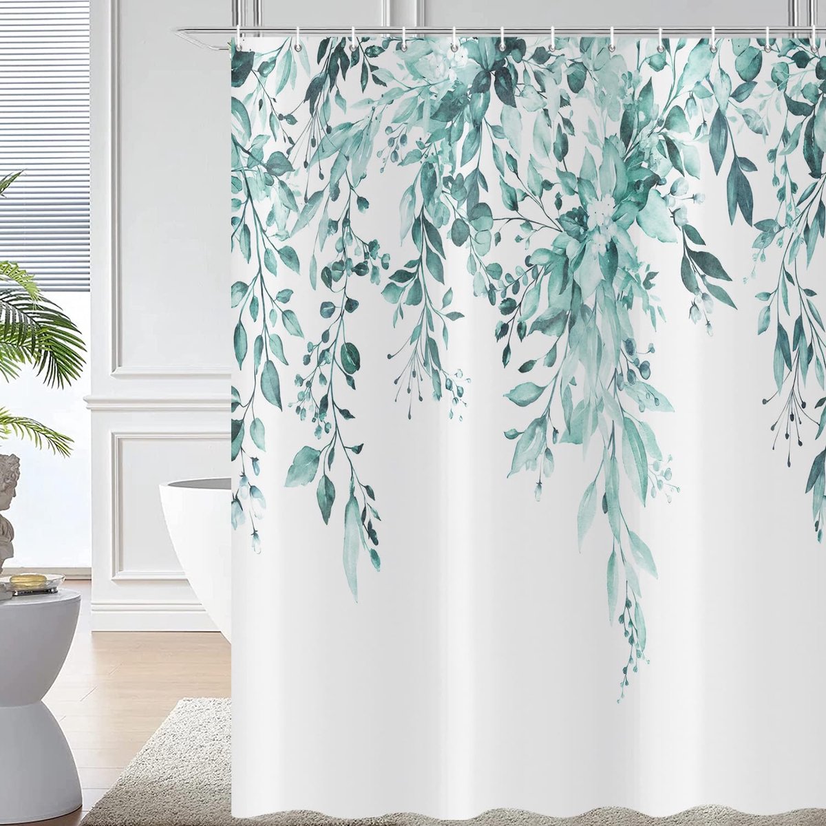 Douchegordijn 120 x 180 cm - turquoise eucalyptus - aquarel planten - waterdicht en wasbaar - ShopVlot