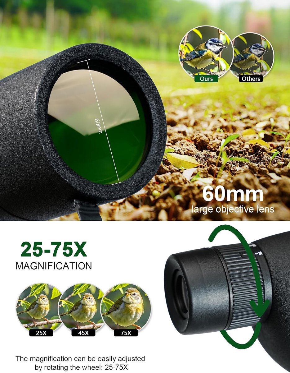 Spotting Scope Monoculaire Telescoop 25-75x60 - Variabele Vermogen - Hoge Verheldering - Perfect voor Vogelspotting - ShopVlot