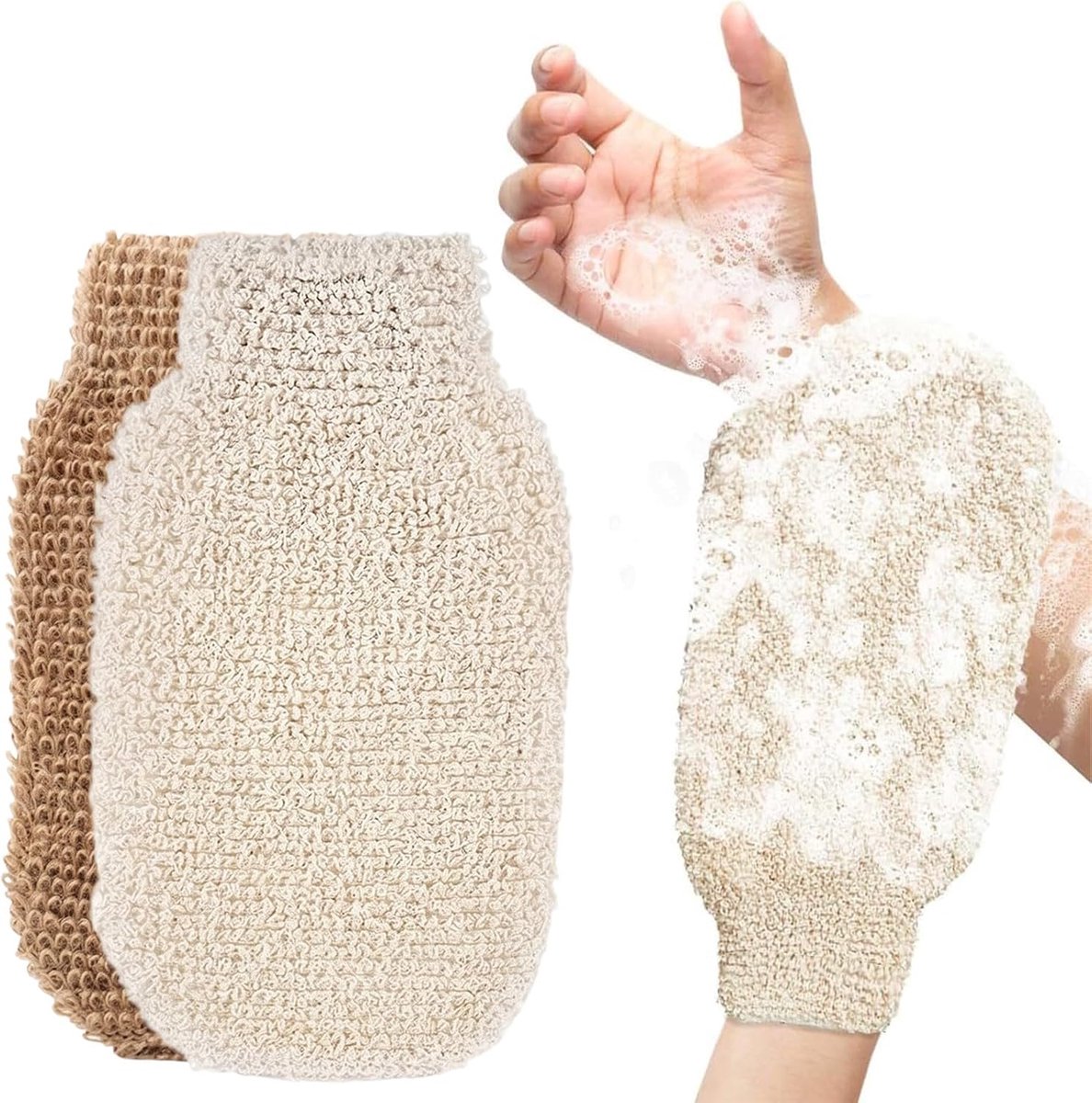 Peelinghandschoenen set van 2 - jute en linnen - natuurlijke scrubhandschoen - diepe huidreiniging - ShopVlot