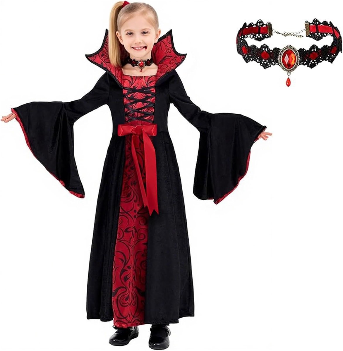 Halloween meisje vampier kostuum - kinderen maat - zwart en rood - perfect voor verkleedfeest - ShopVlot