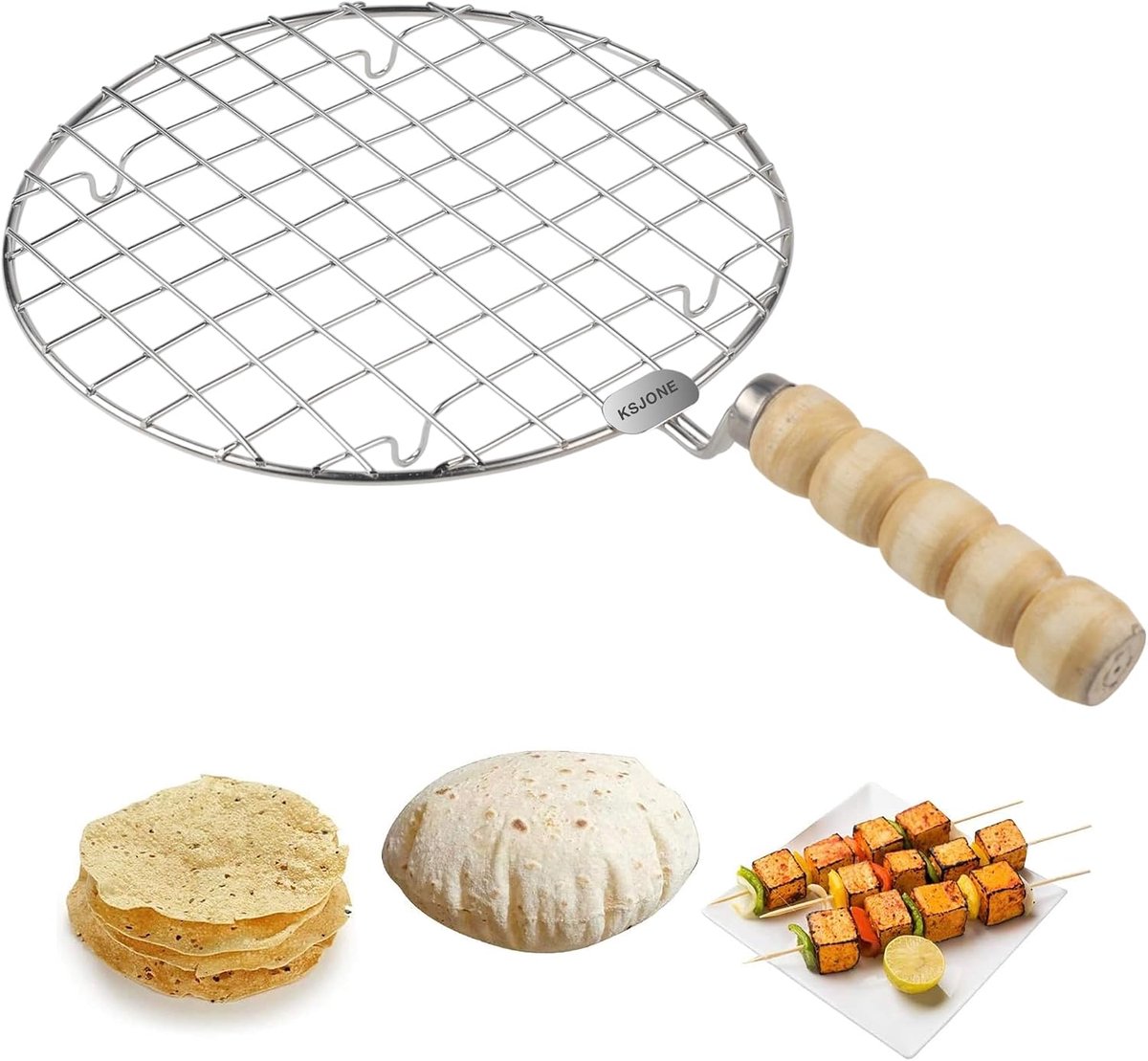 Roti grill rond 36 cm - roestvrij staal - houten handvat - ideaal voor grillen - ShopVlot