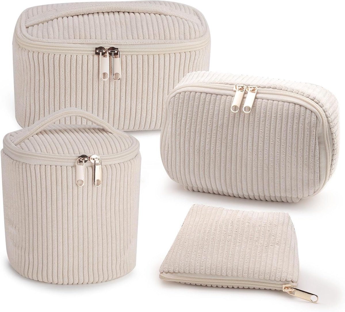 Make-up tasje set van 4 - beige - geborduurde margrieten - ideaal voor reizen - ShopVlot