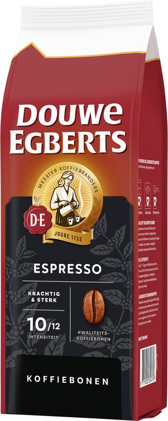 Rode Douwe Egberts zak met Espresso koffiebonen, 500g. Krachtig & sterk, intensiteit 10/12.