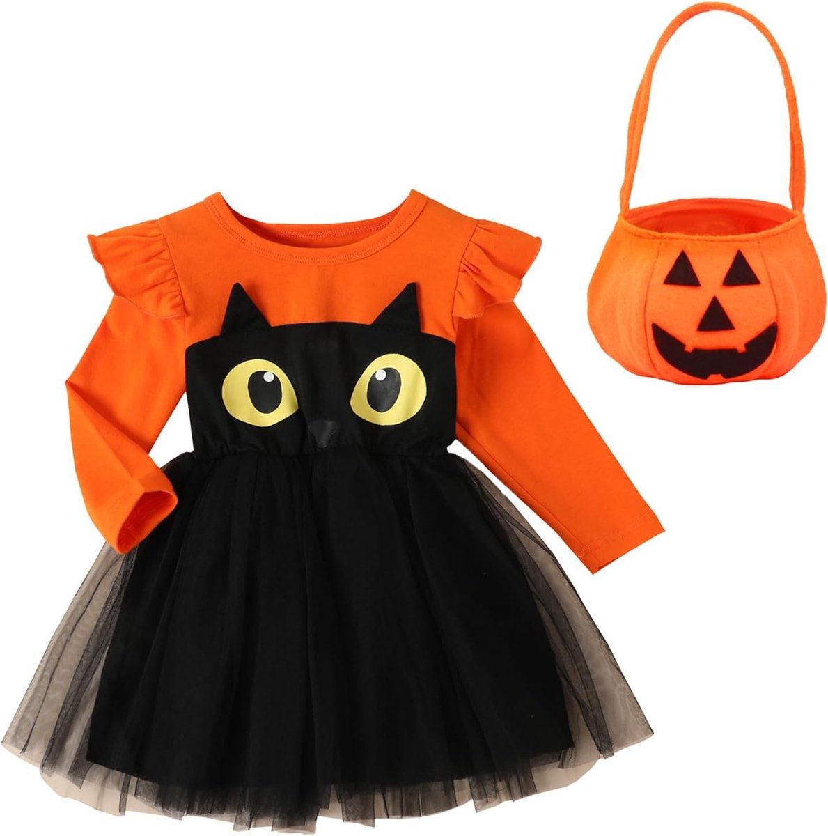 Halloween Kostuum Set voor Kinderen met Tulle Jurk in Oranje en Zwart, Pompoentas en Haarband - Perfect voor Feestjes en Trick or Treat!