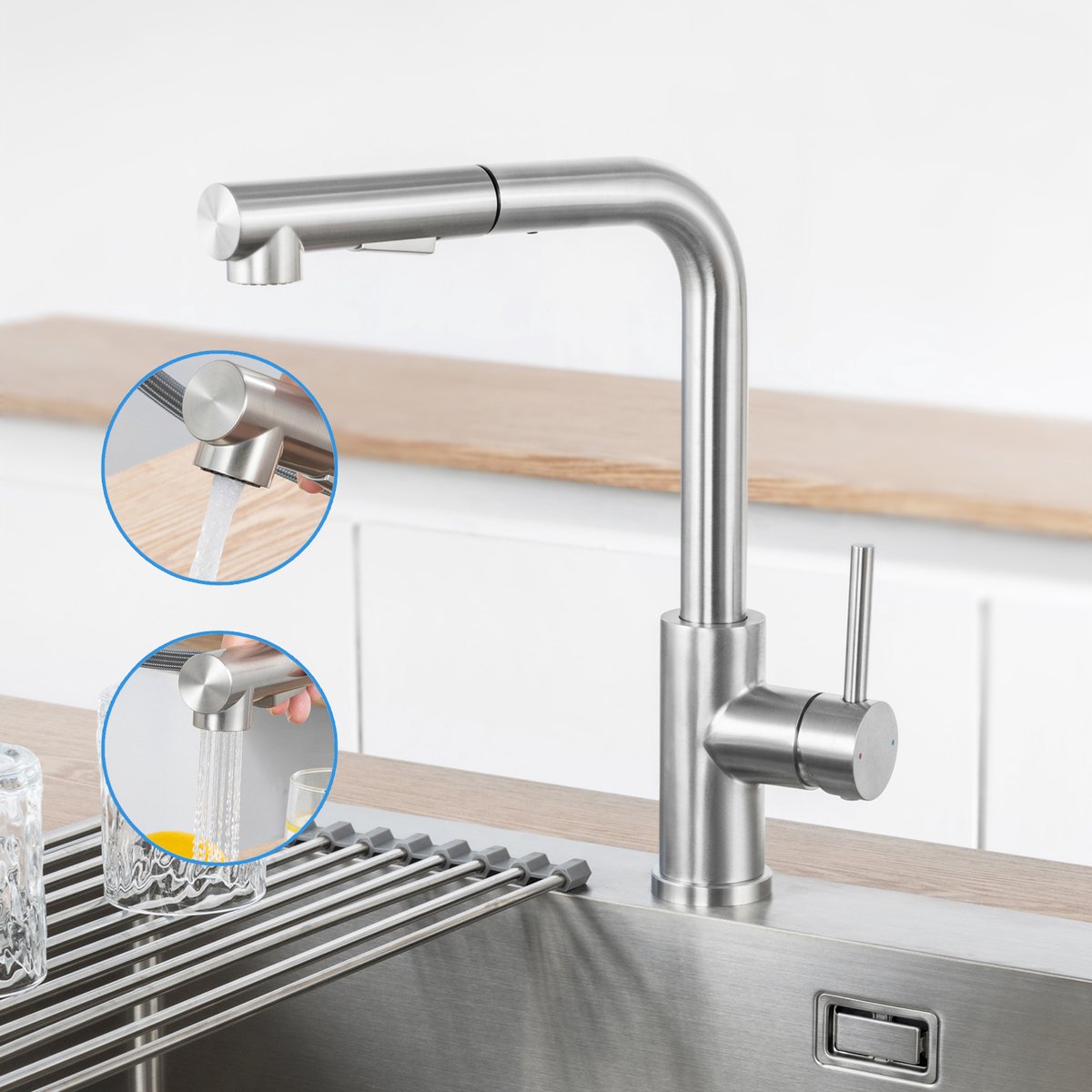 CECIPA Max Keukenkraan met Uittrekbare Uitloop - Handdouche - 360° Draaibaar - 2 Straalsoorten - Zilver