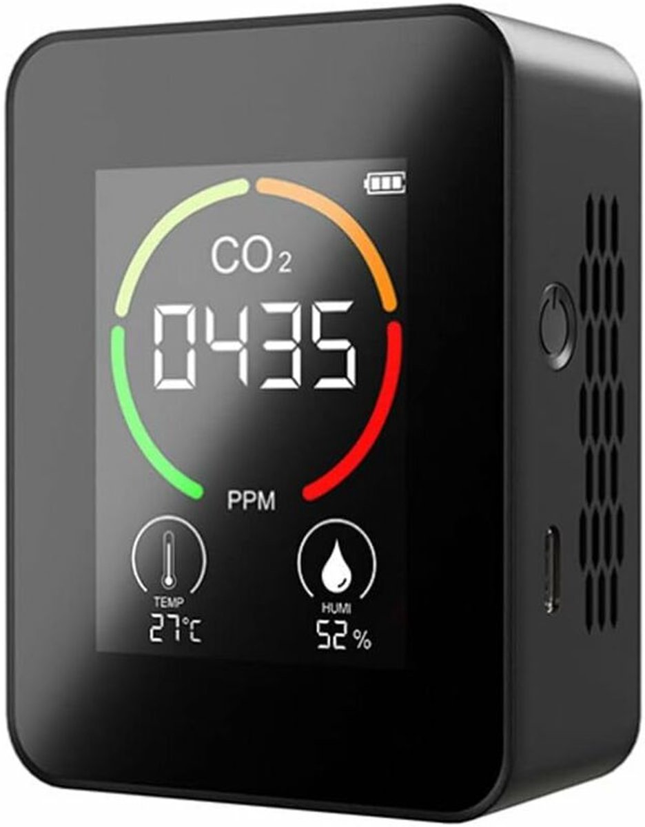 YAGXIG CO₂-detector - Luchtkwaliteitsmonitor - 3-in-1 CO2-temperatuur- en vochtigheidsluchtkwaliteitsmonitor binnenshuis - TVOC-tester voor thuis - Met LED-display - Zwart