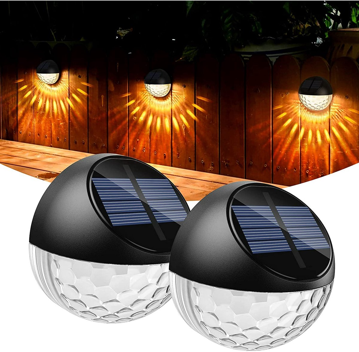 Set van 2 LED-wandlampen op zonne-energie, IP65 waterdicht voor gebruik buitenshuis, warm 