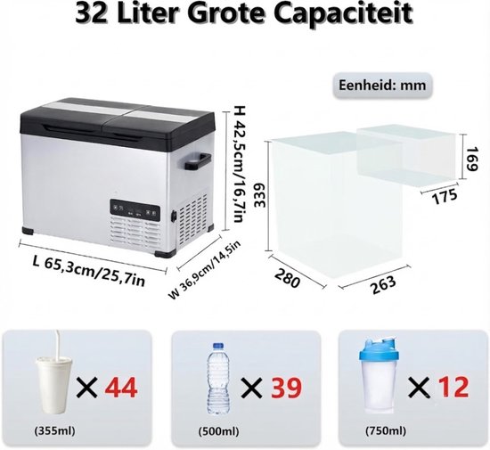 JCP® Koelbox - 32L - Compressor Koelbox - Auto Koelkast - Zwart en Wit - 37cm x 66cm x 43cm van Jcp — afbeelding 2