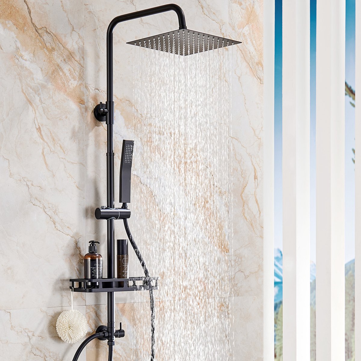 Auralum Max Douchesysteem - Regendouche Ø 25 cm - Met Vierkant Handdouche en plankje - RVS Doucheset - Verstelbare Hoogte 72-110 cm - Regendoucheset - Waterbesparend - Zwart