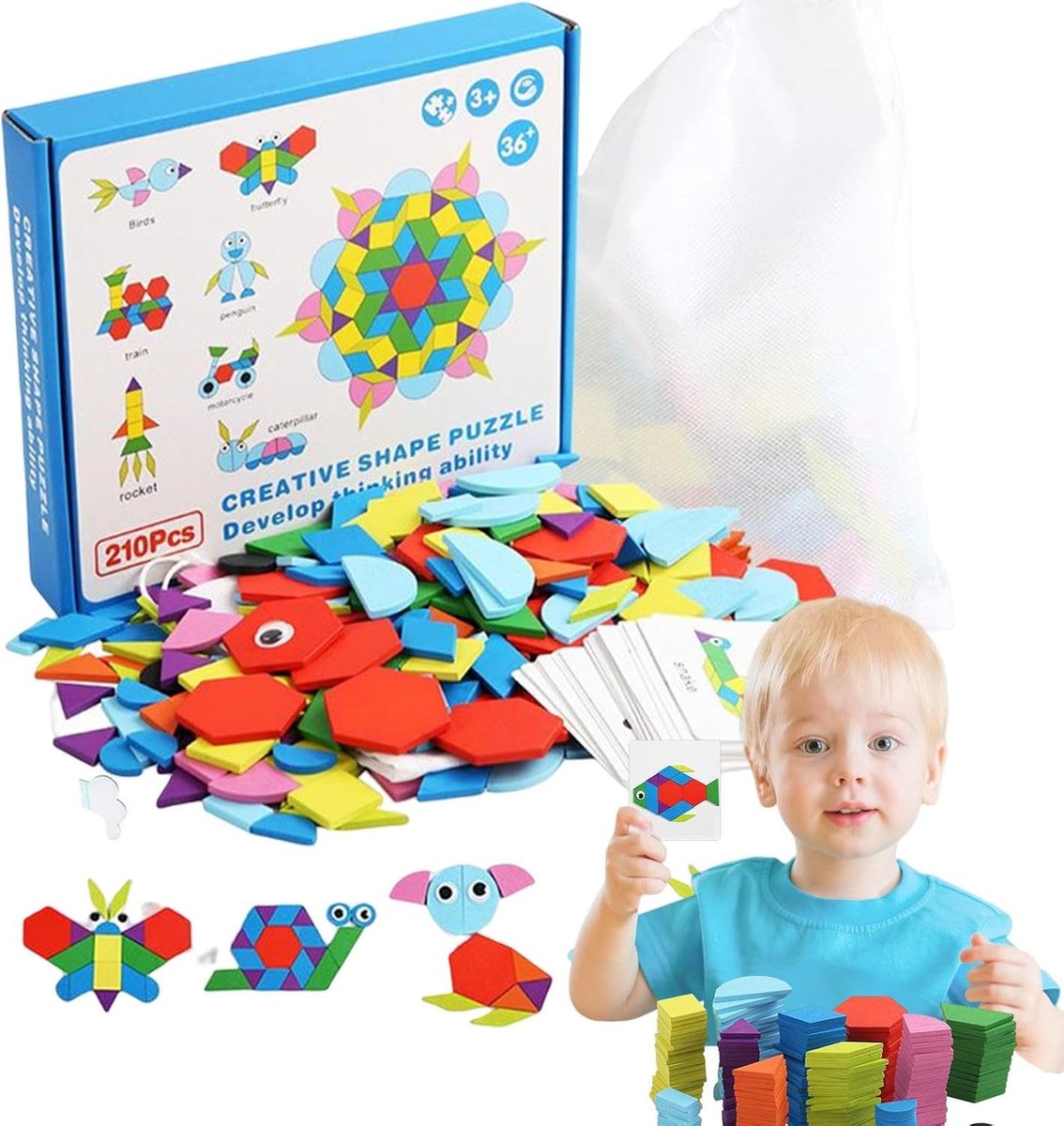 Houten Vormpuzzel - Tangram Blokken Geometrisch - Cognitieve Ontwikkeling - 210 Stuks - 21.6 x 16.5 x 4 cm